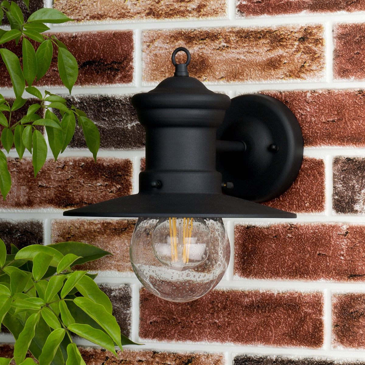 Black outdoor wall light with a clear, seeded glass globe and an Edison bulb, mounted on a brick wall.