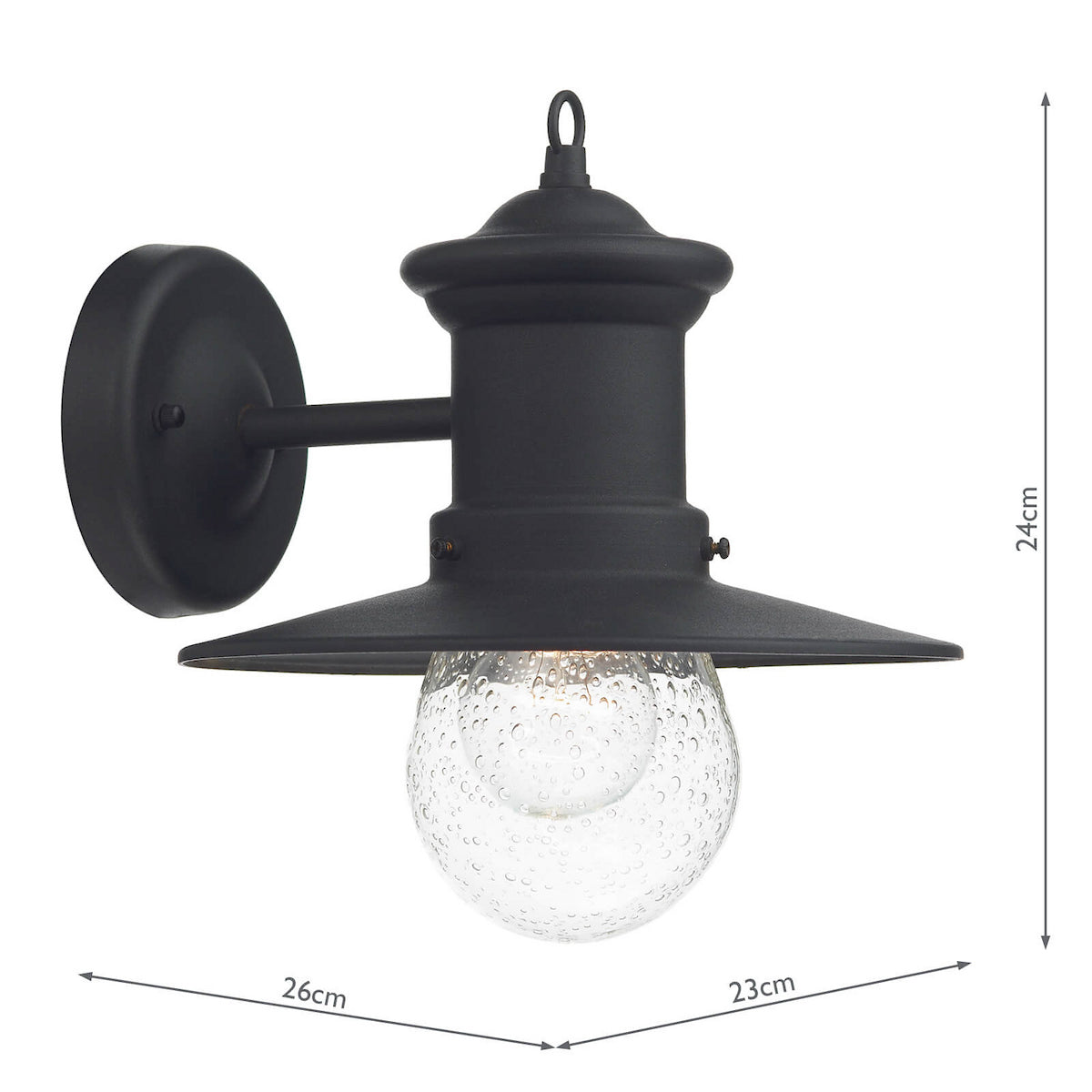 Black outdoor wall light with a textured glass globe, showing dimensions of 24cm height, 26cm width, and 23cm depth.