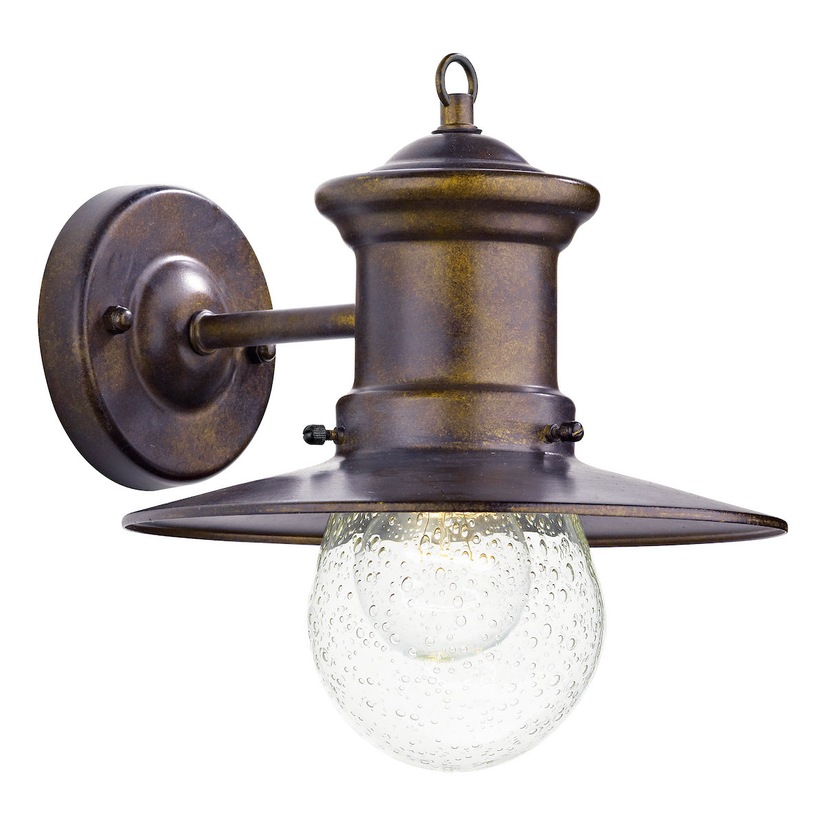 Bronze outdoor wall light with a seeded glass globe and a wide, flat shade.