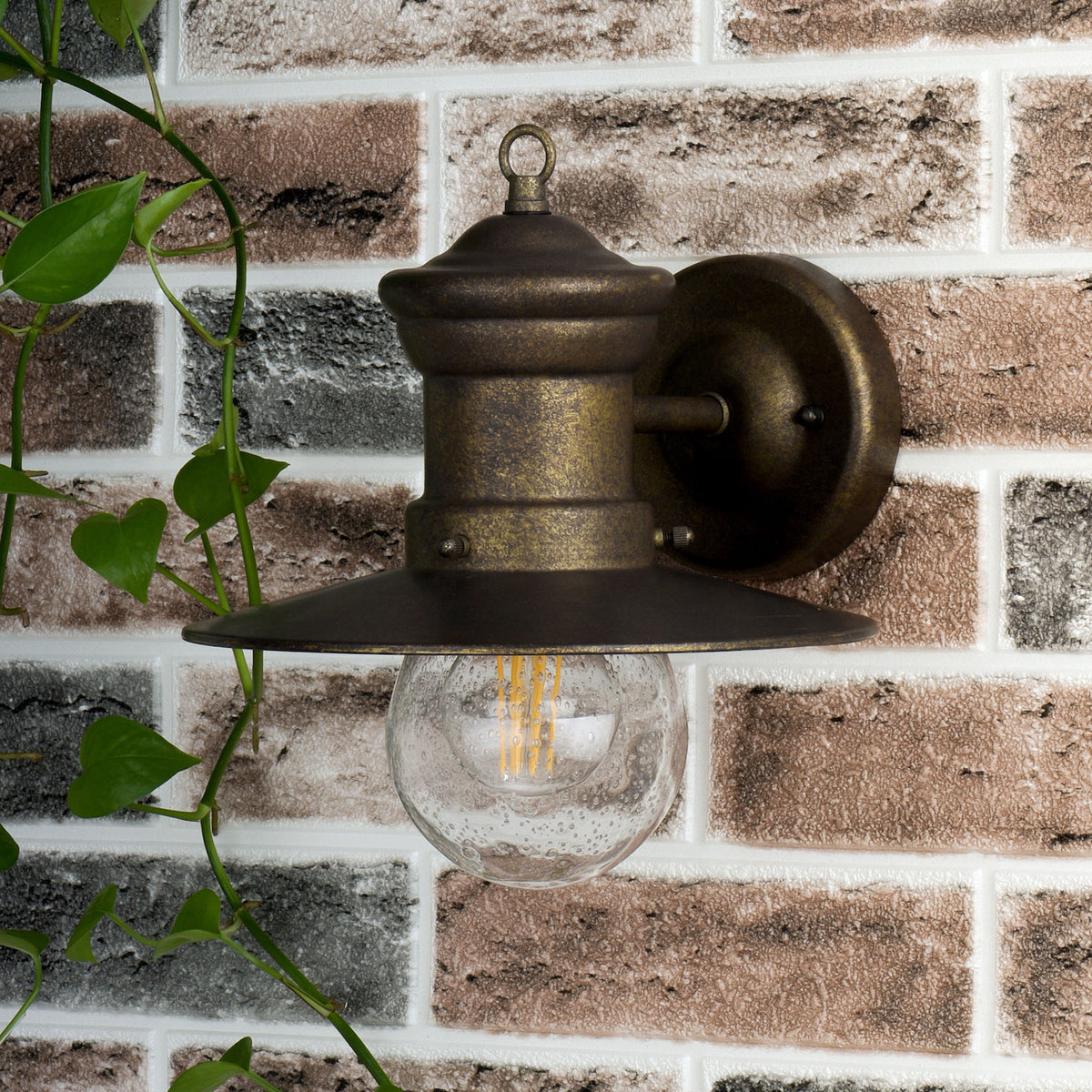 A rustic bronze outdoor wall light with a clear seeded glass globe and an exposed filament bulb.