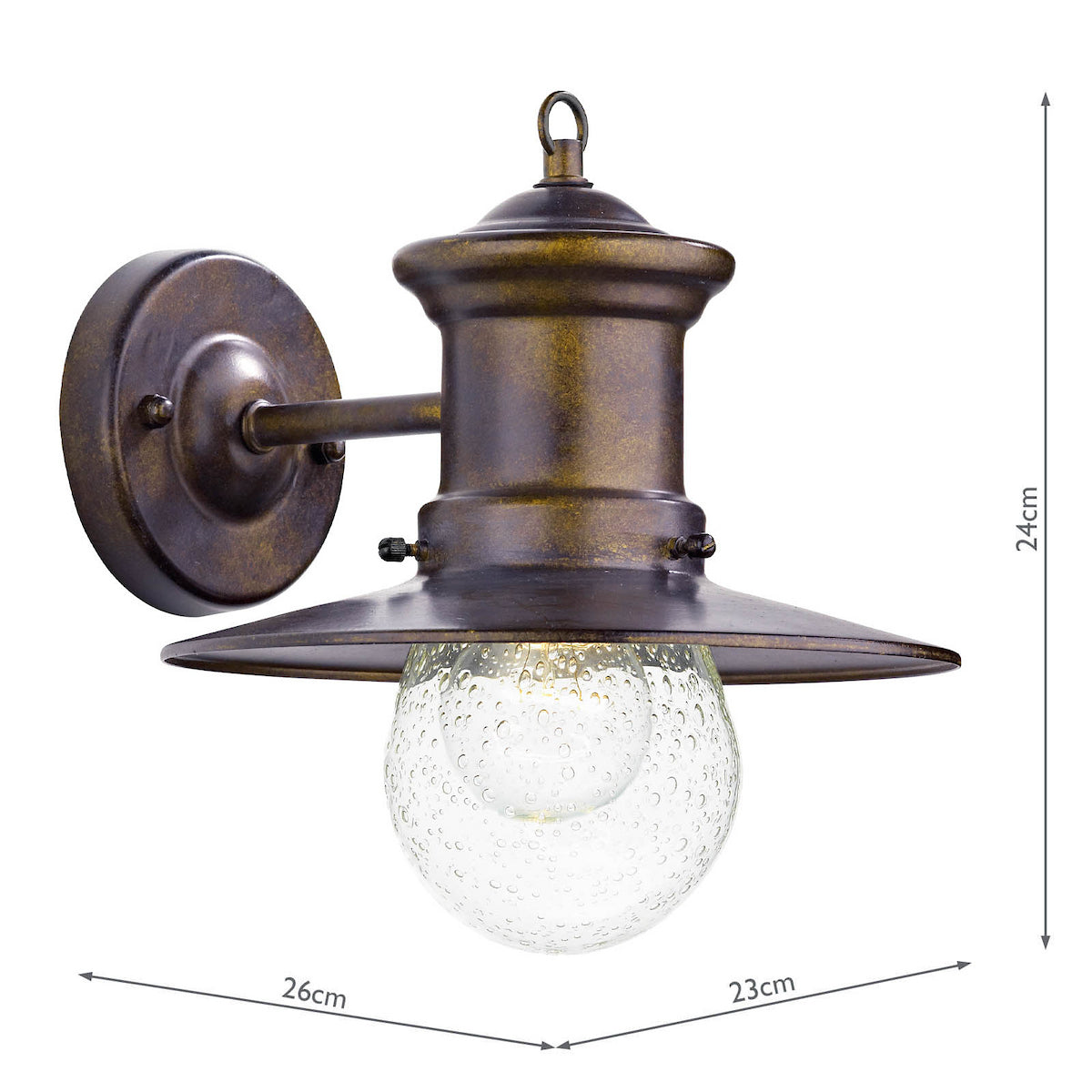 Bronze outdoor wall light with a seeded glass globe, measuring 24cm high, 26cm wide, and 23cm deep.