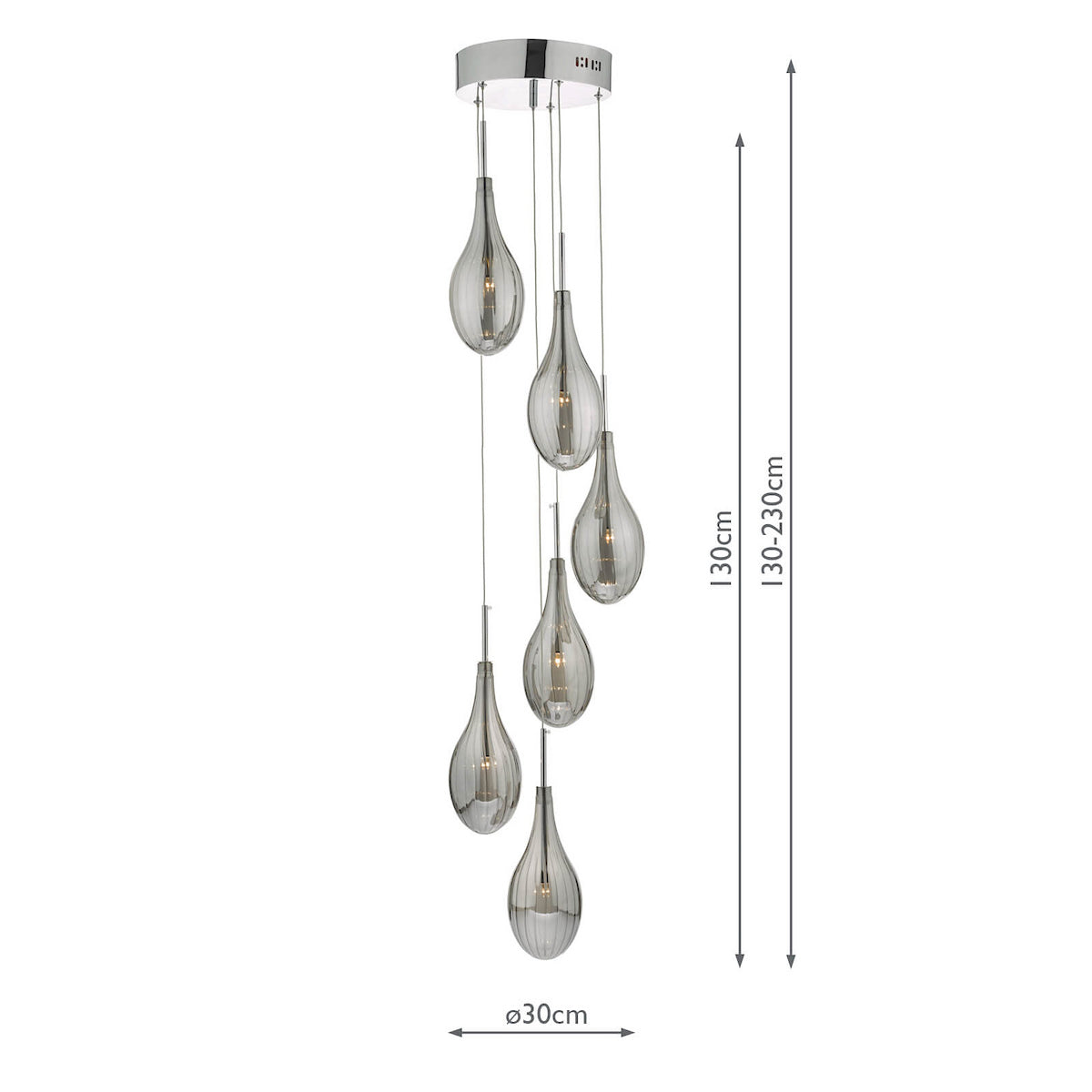 Chrome ceiling light with six teardrop-shaped smoked glass shades, varying in height. Measures 30cm wide.