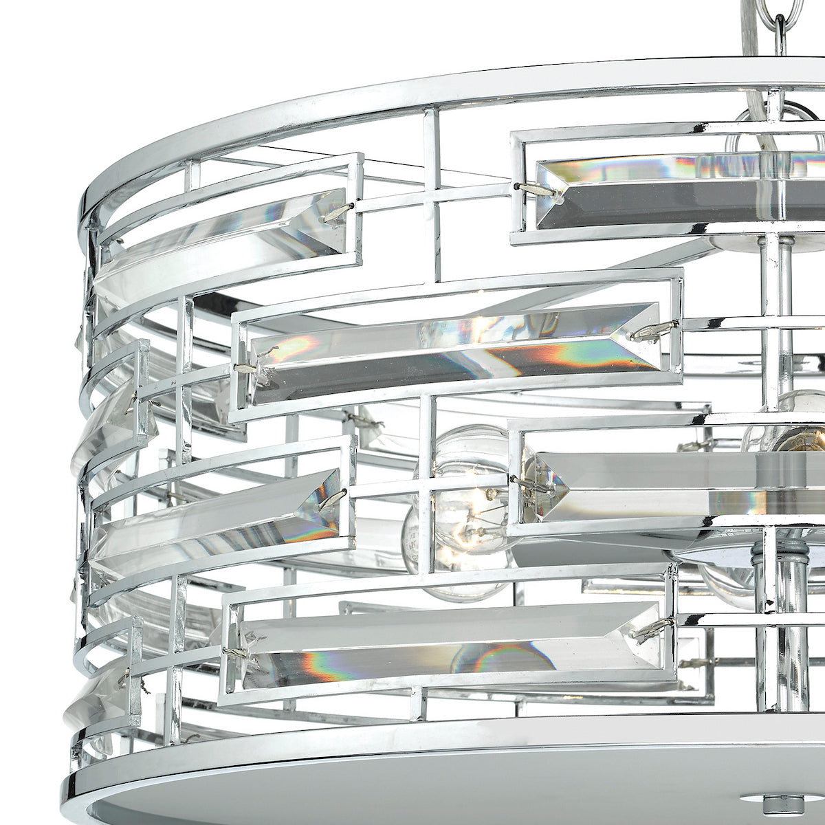 Close-up of a modern chandelier with a chrome frame and rectangular crystal accents.