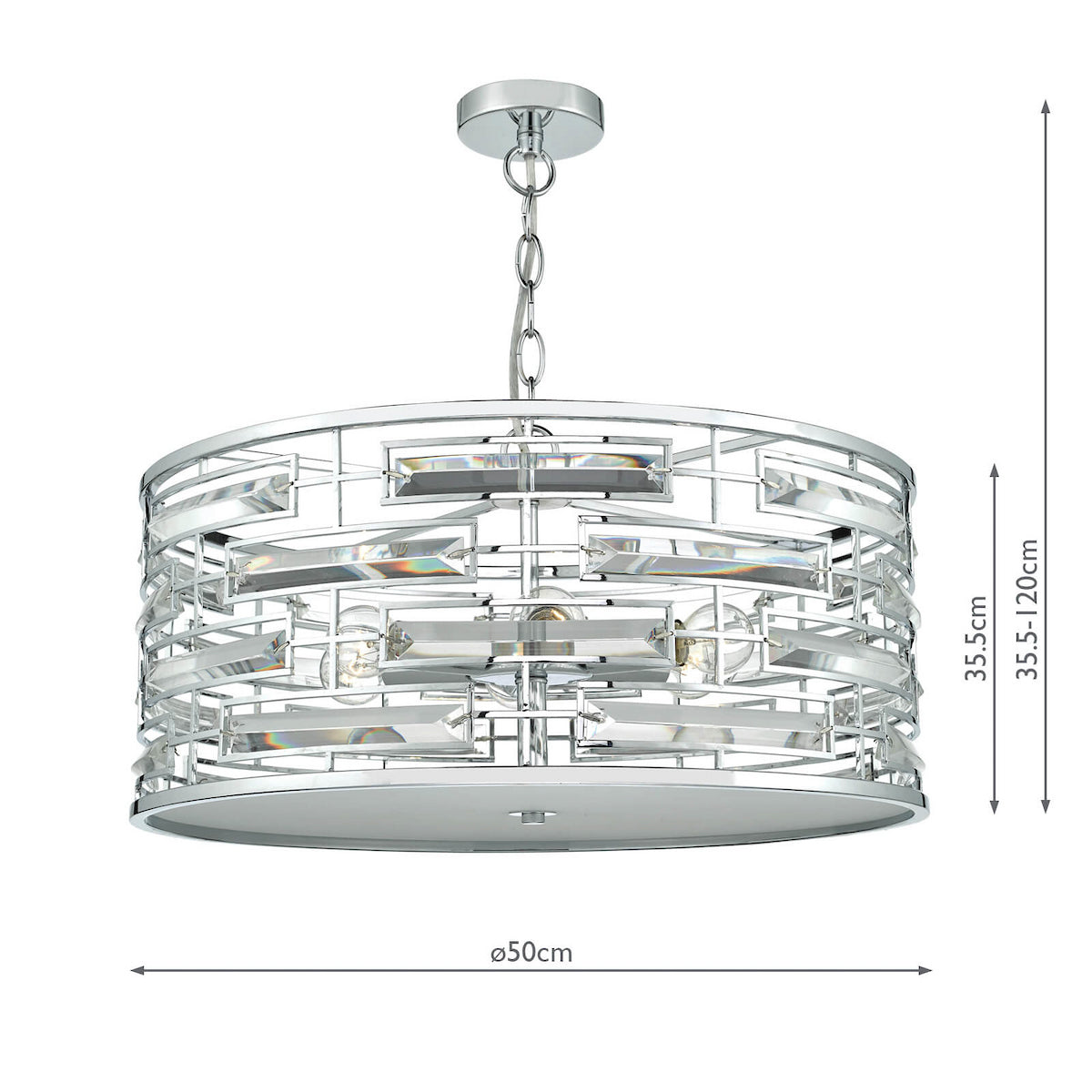Chrome chandelier with rectangular crystal accents and exposed bulbs, showing dimensions of 50cm diameter and 35.5-120cm height.