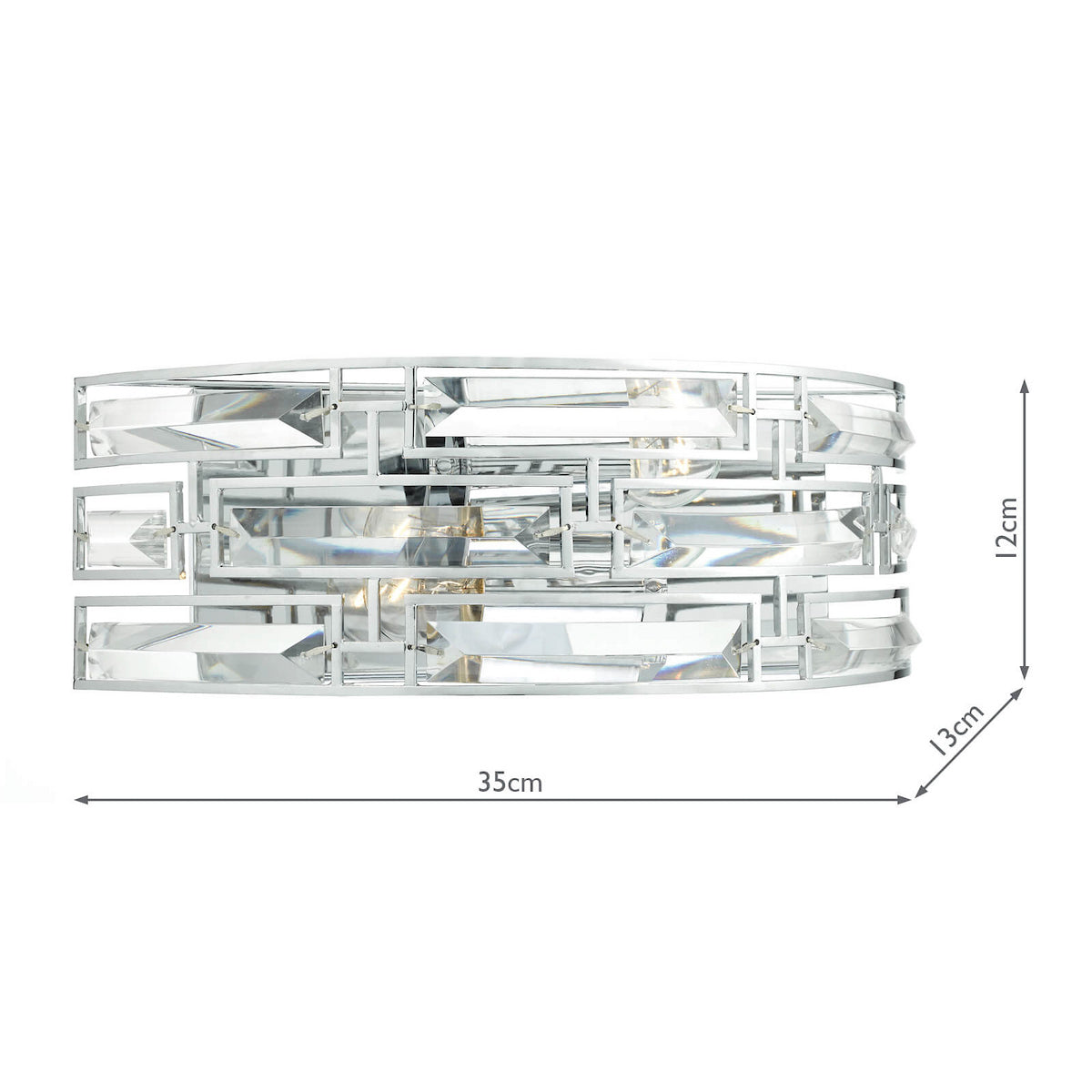 Chrome and crystal wall light with dimensions 35cm wide, 12cm high, and 13cm deep.
