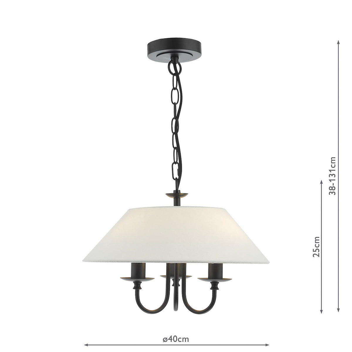 Black metal chandelier with a white fabric shade and three candle-style lights, with dimensions.