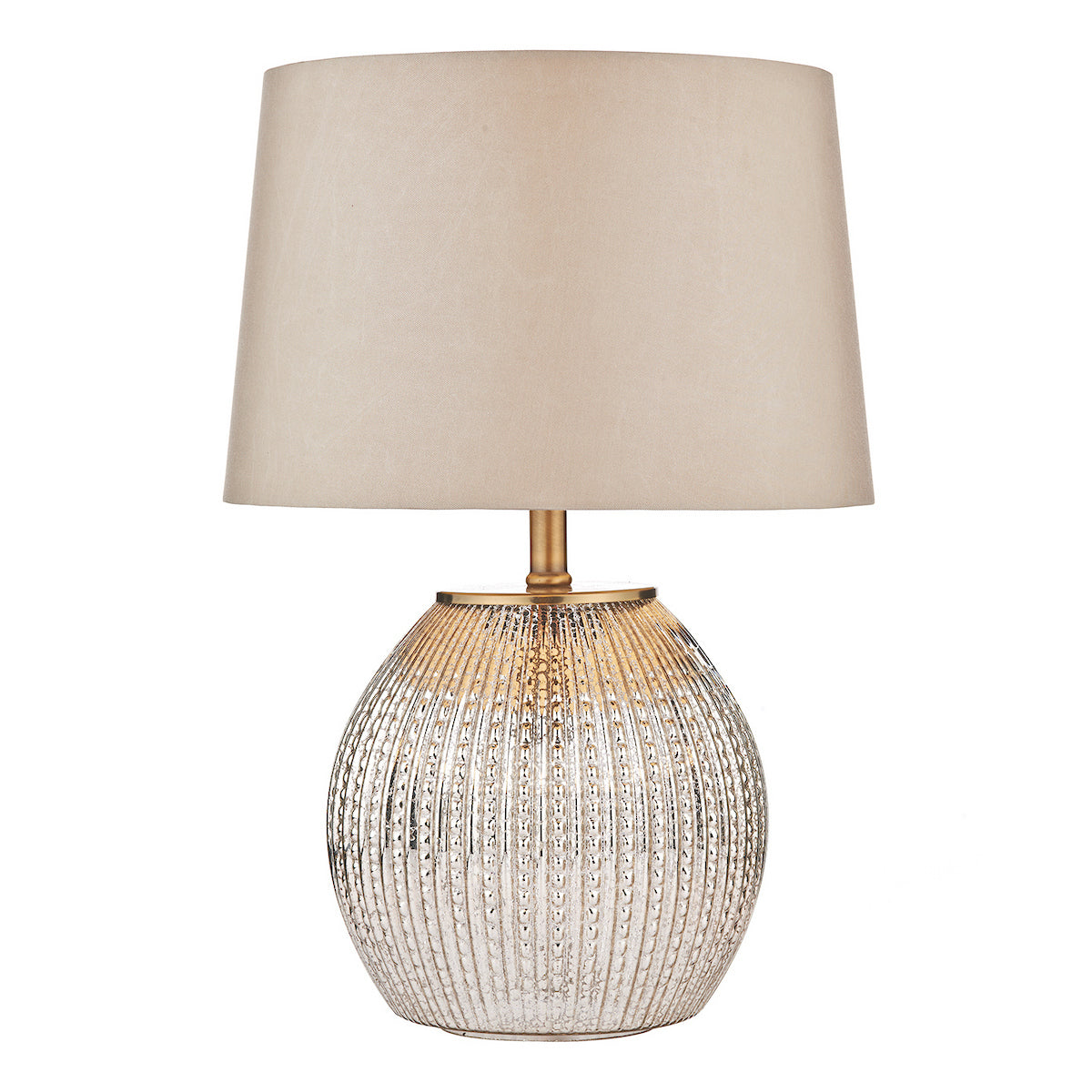 Textured glass table lamp with a beige shade.