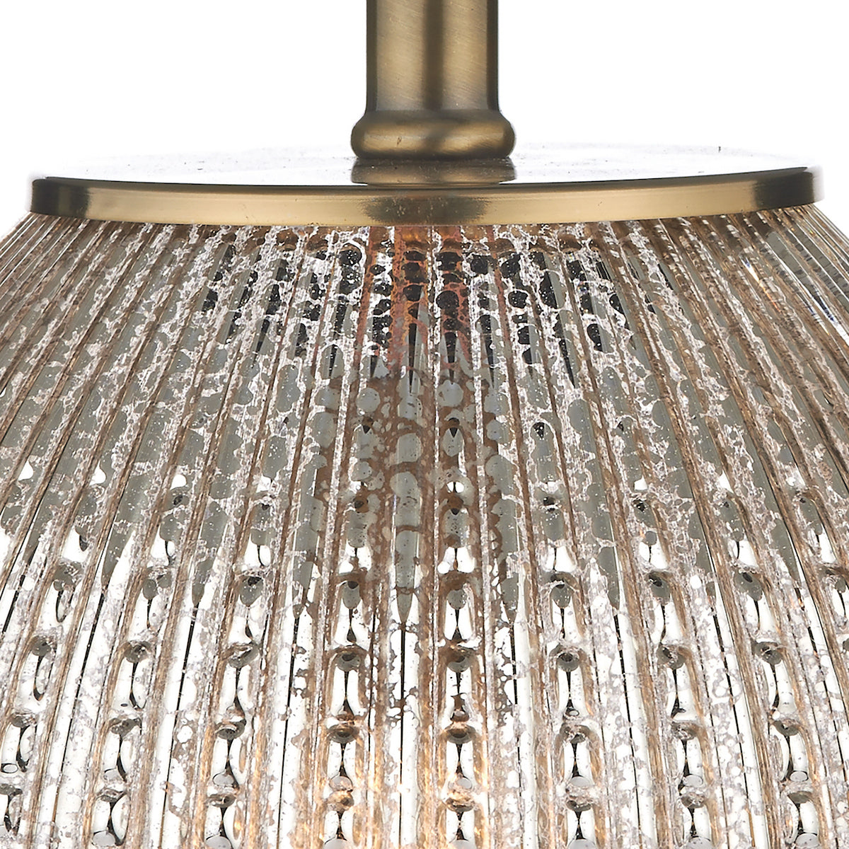 Close-up of a mercury glass pendant light with a bronze finish, showing textured, reflective surface.
