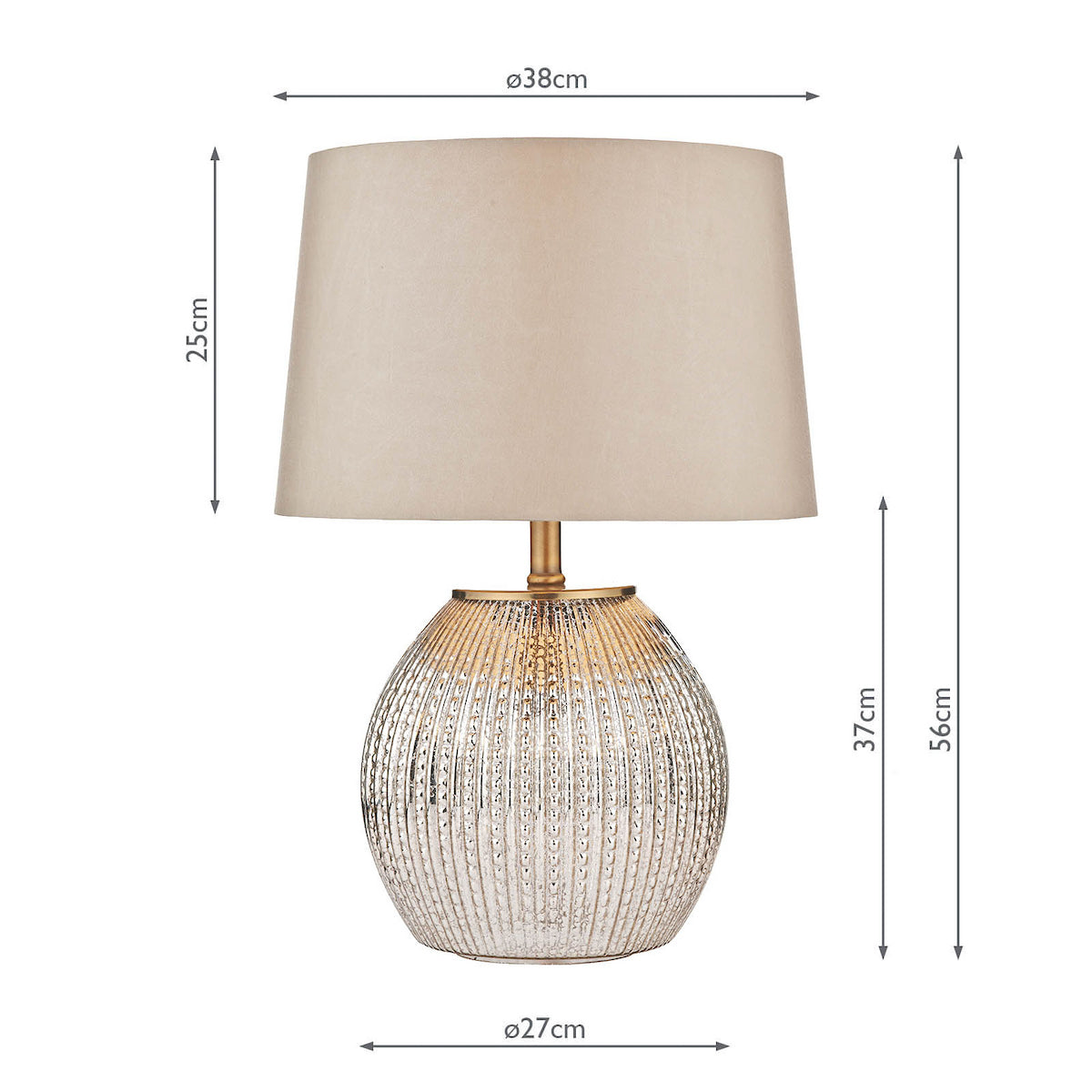 Table lamp with a beige shade and a silver ridged base, showing dimensions of 56cm height and 38cm width.