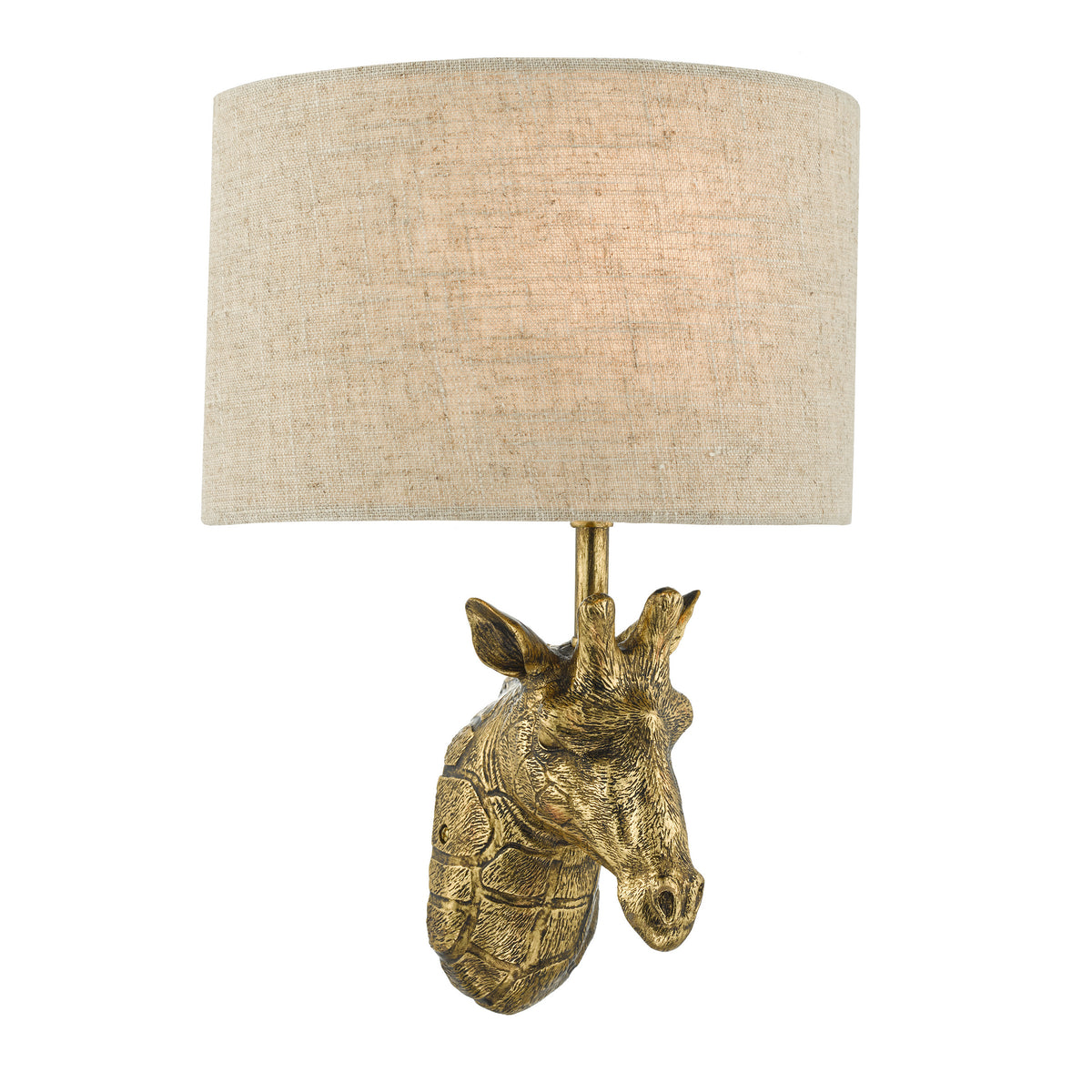 Gold giraffe head wall sconce with a light beige fabric shade.