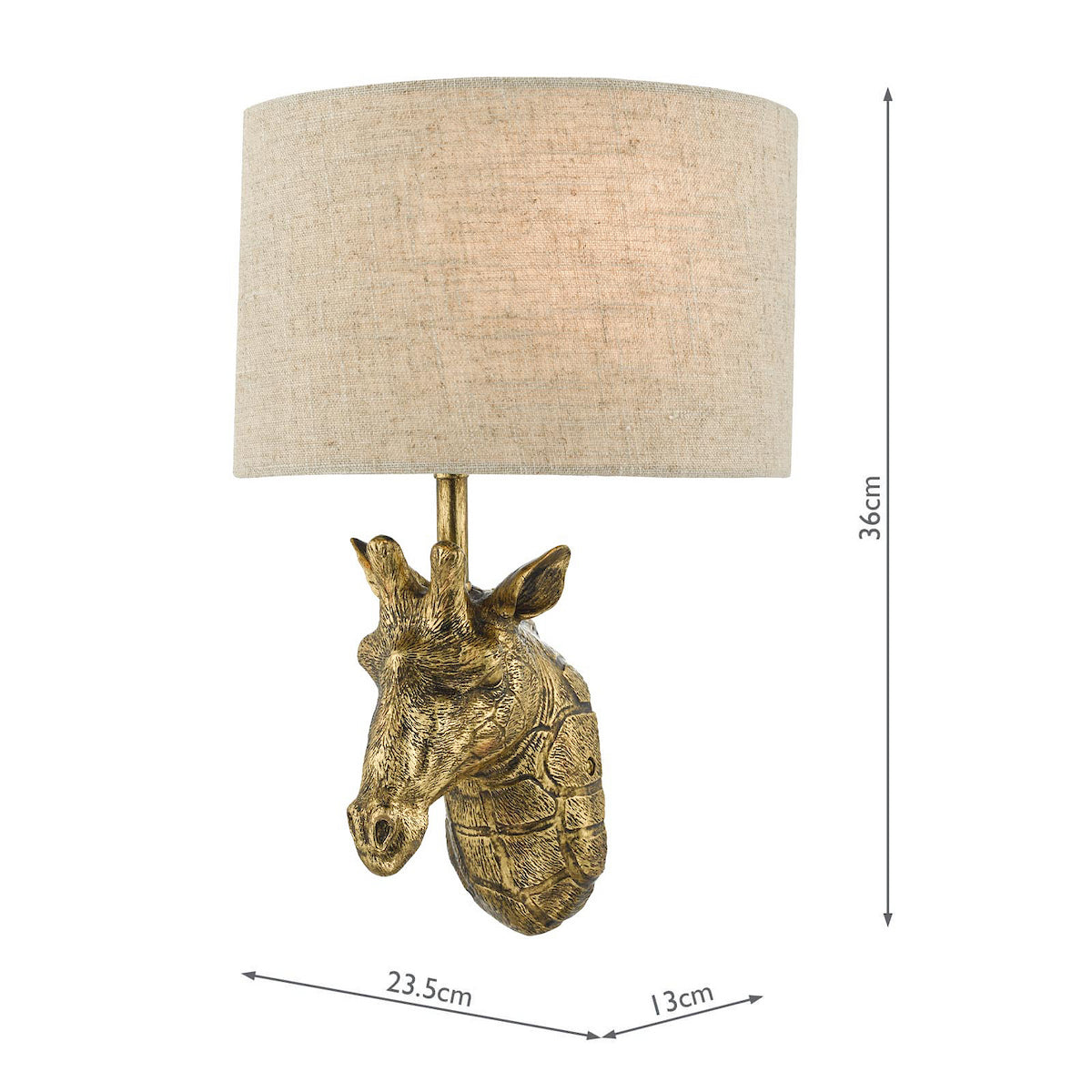 A giraffe head wall light with a textured gold finish and a natural linen shade.
