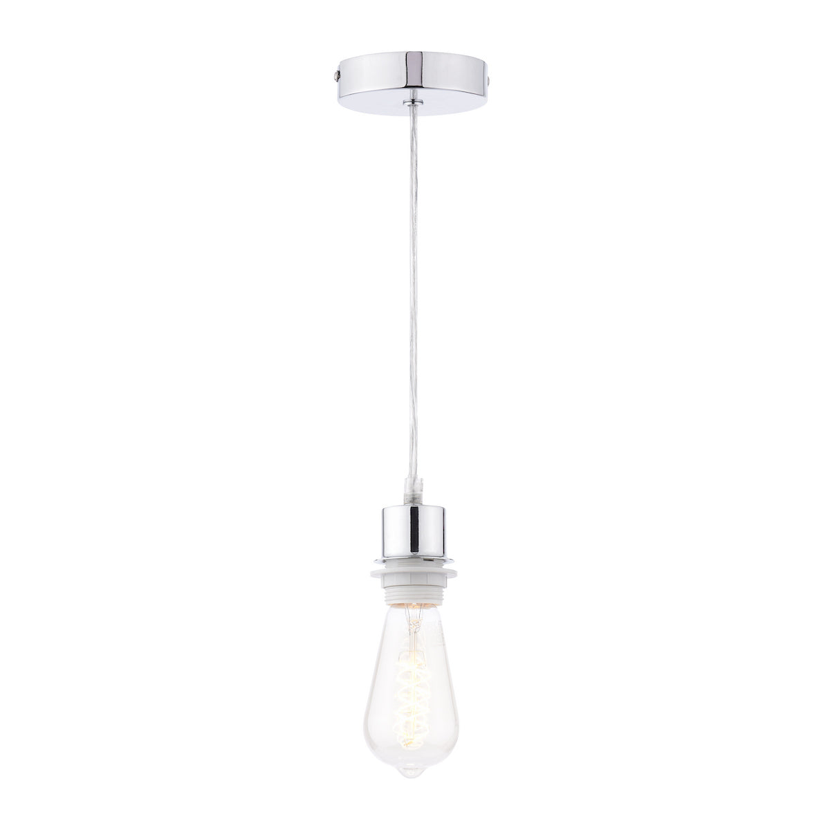 Chrome ceiling pendant with a clear, teardrop-shaped Edison bulb.