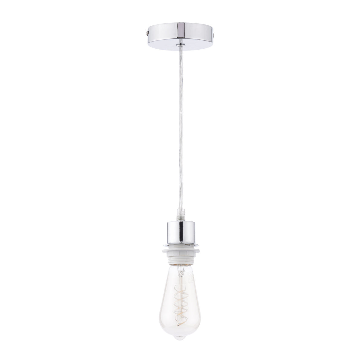 Chrome ceiling pendant with a clear Edison bulb on a white background.
