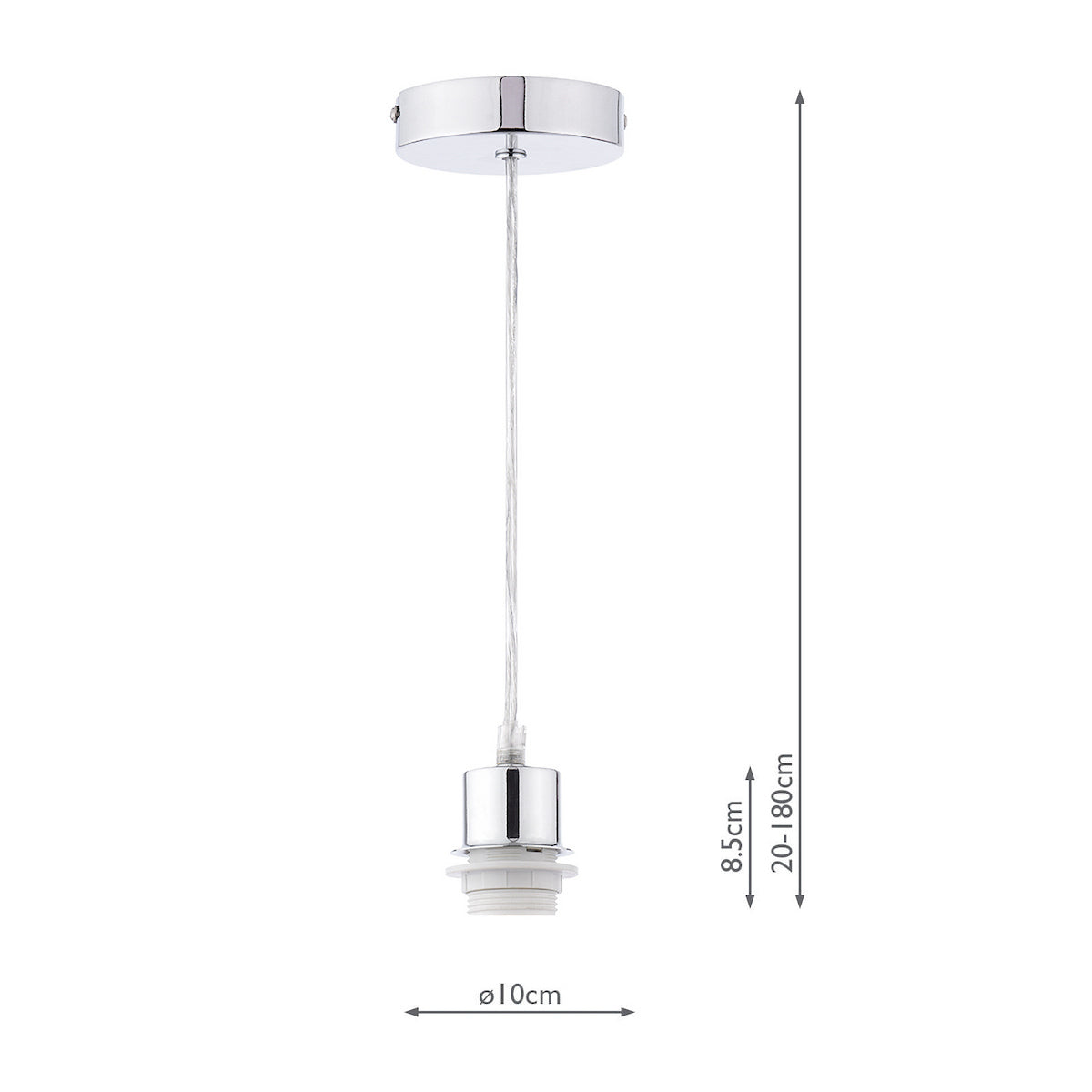 Chrome ceiling rose and lamp holder with a white cable, showing dimensions of 10cm diameter and 20-180cm length.
