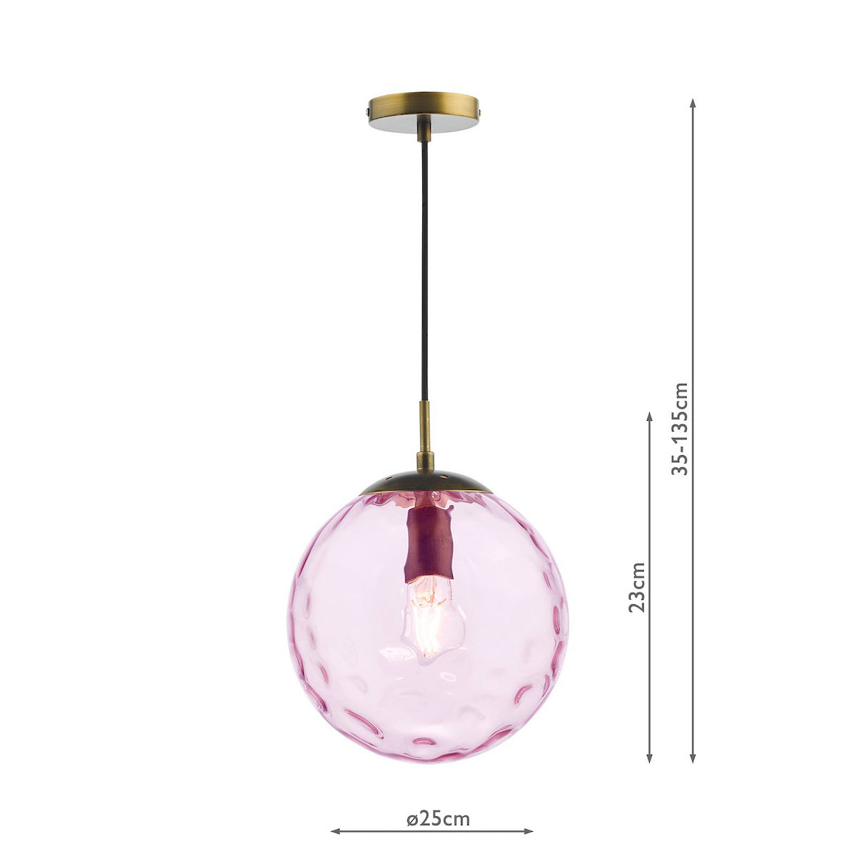 Pink glass pendant light with a textured, spherical shade and brass accents.