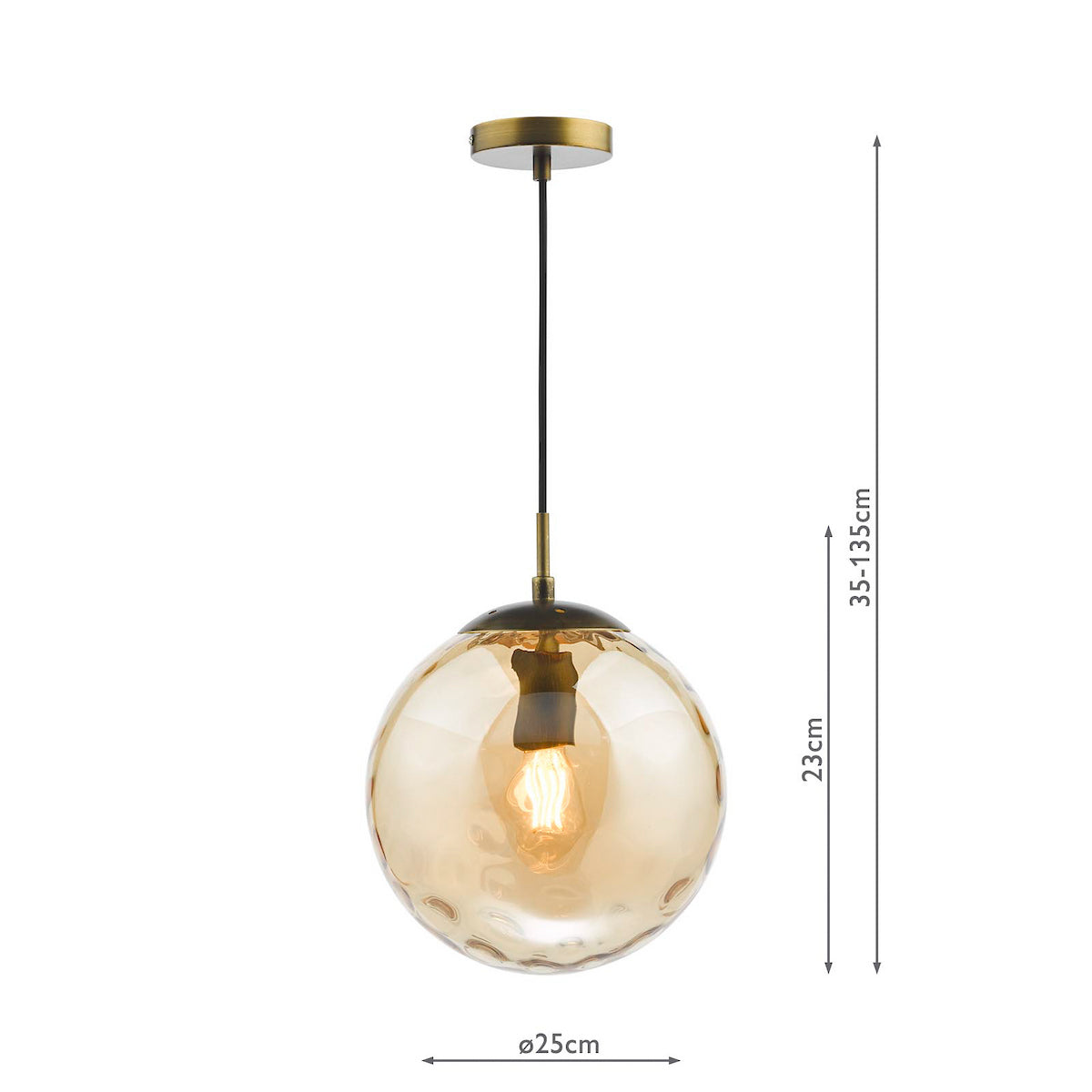 Amber glass globe pendant light with a textured surface and a visible filament bulb, on a white background.
