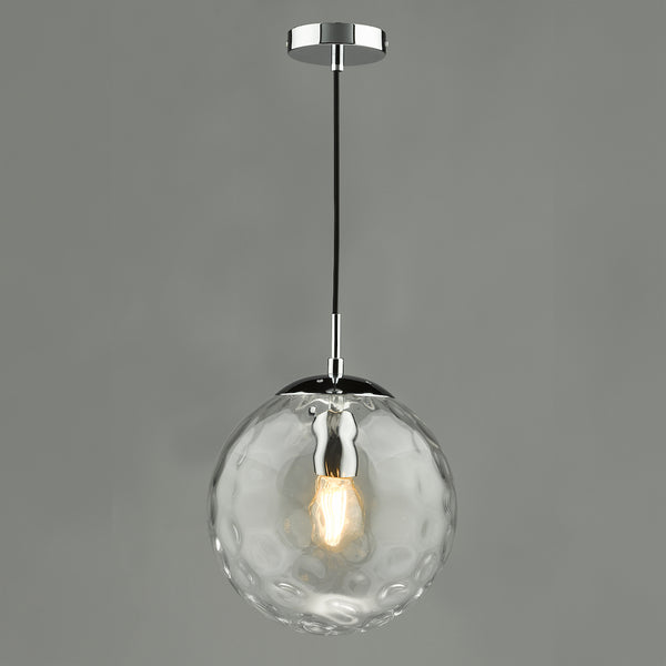 Textured glass globe pendant light with a chrome finish and an exposed filament bulb.