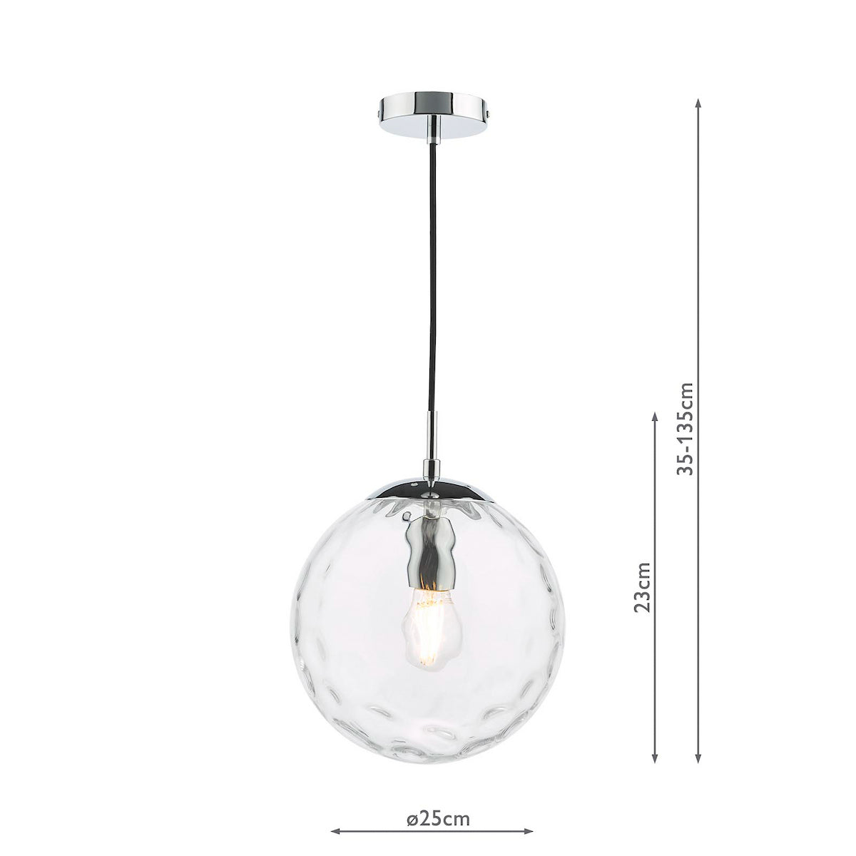 Clear glass globe pendant light with chrome accents and exposed bulb, showing dimensions.