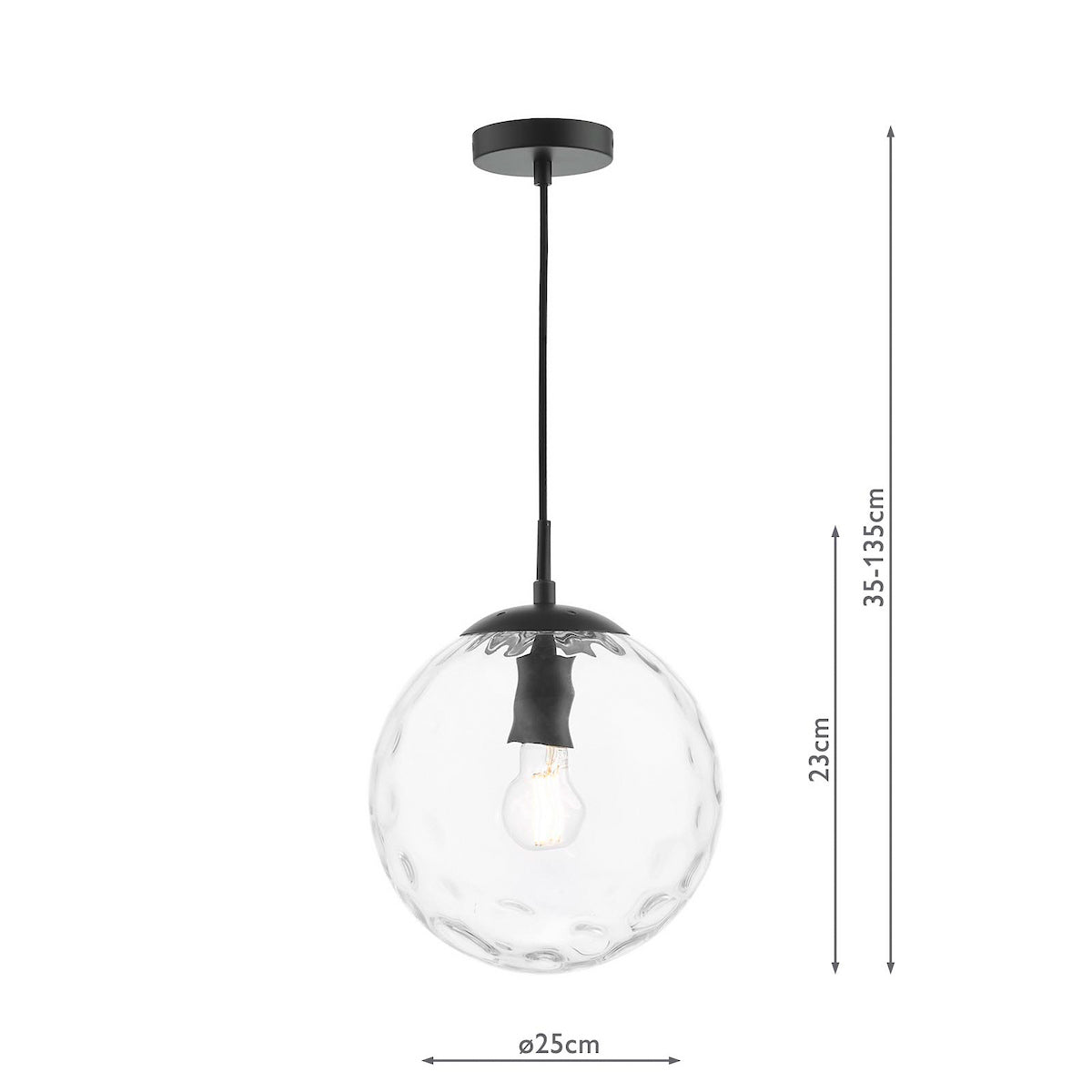 Black pendant light with a textured glass globe shade and exposed bulb.