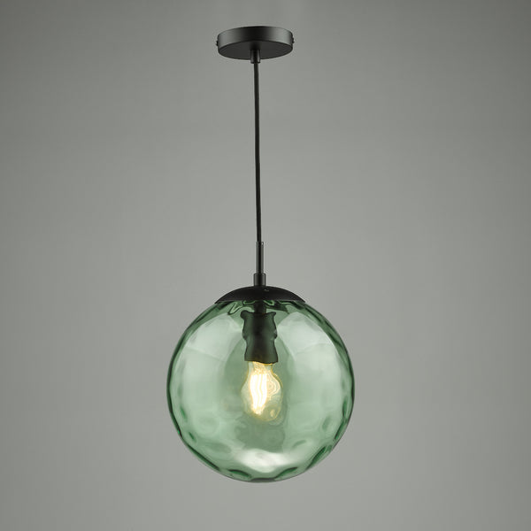 Green textured glass globe pendant light with a black fixture and exposed bulb.