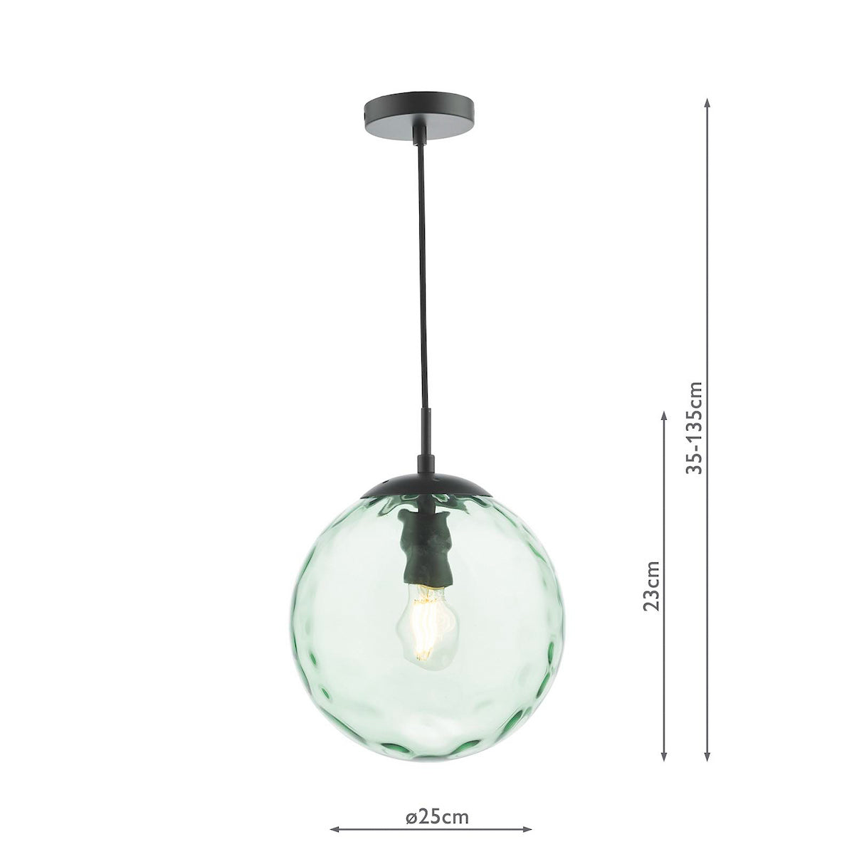Green textured glass globe pendant light with black hardware and exposed bulb, showing dimensions.