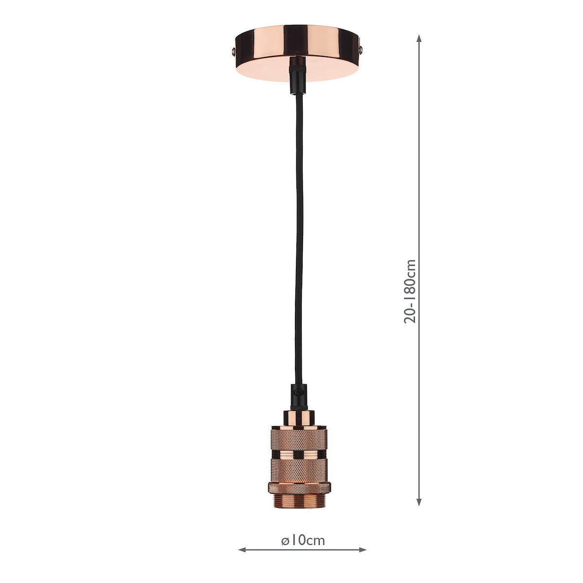 Copper ceiling rose with black cord and bulb holder, showing 20-180cm length and 10cm diameter.