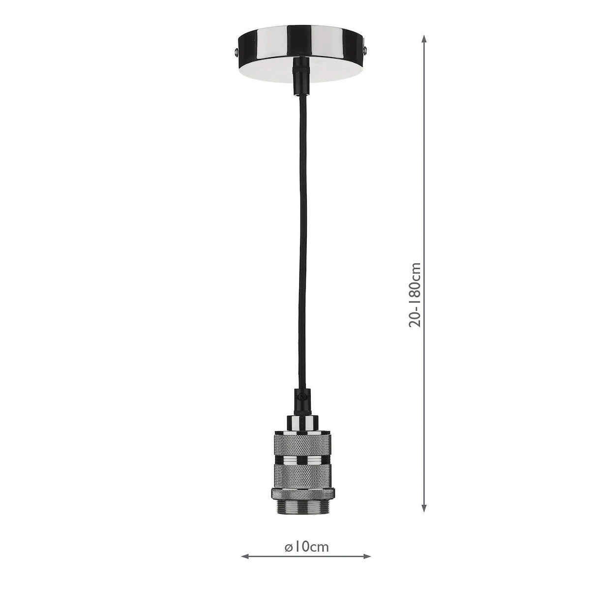 Chrome ceiling rose with black fabric cable and lamp holder, showing 20-180cm length and 10cm diameter.