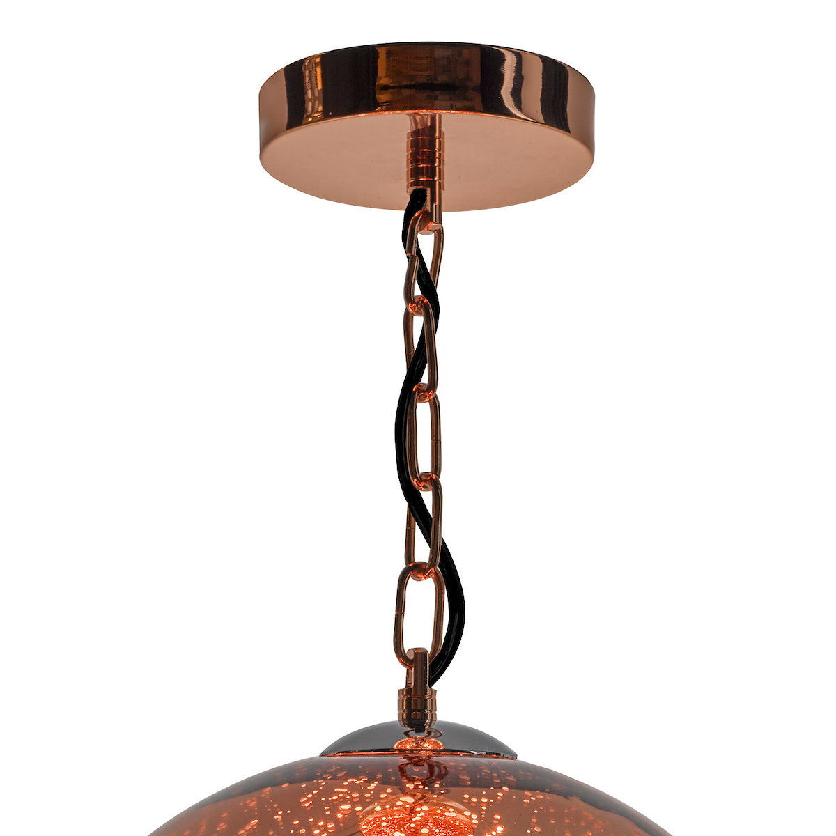 Close-up of a copper ceiling rose and chain, with a black cable woven through the links.