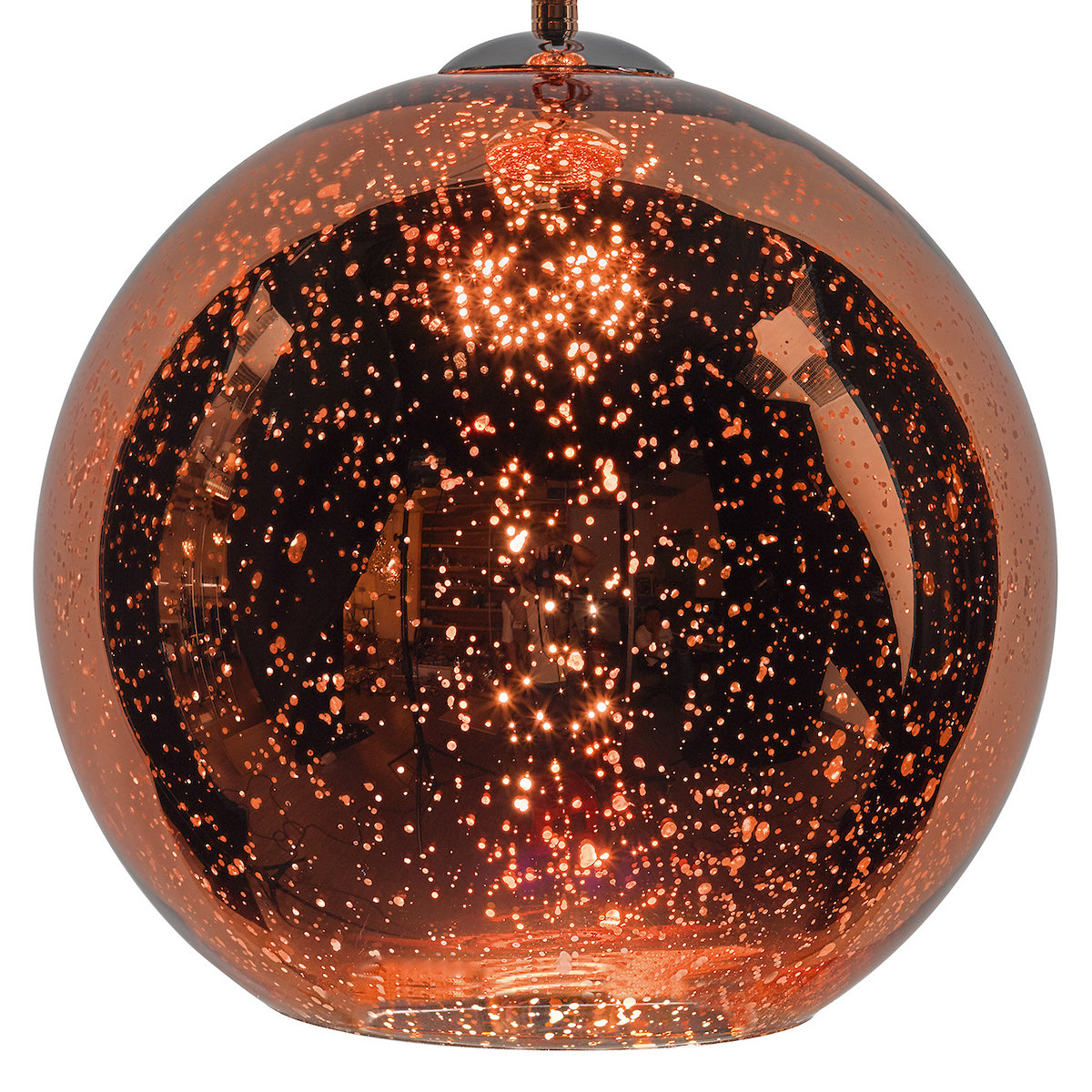 Round copper-colored glass pendant light with speckled finish, reflecting warm light.