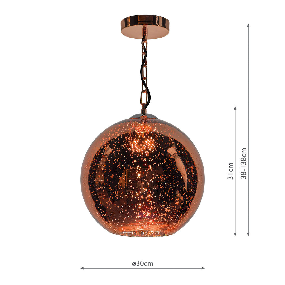 Copper glass globe pendant light with sparkling effect and dimensions.