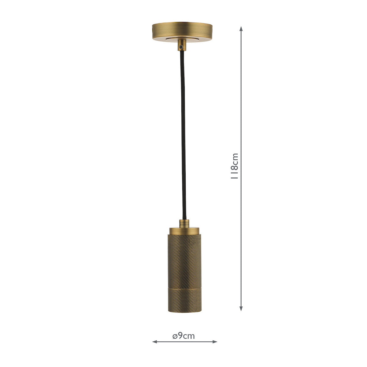 A brass pendant light fixture with a textured cylindrical base and a black cord, showing dimensions.