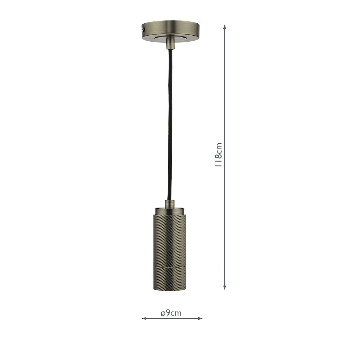 Antique brass ceiling pendant with a textured cylindrical lamp holder and a black cord.