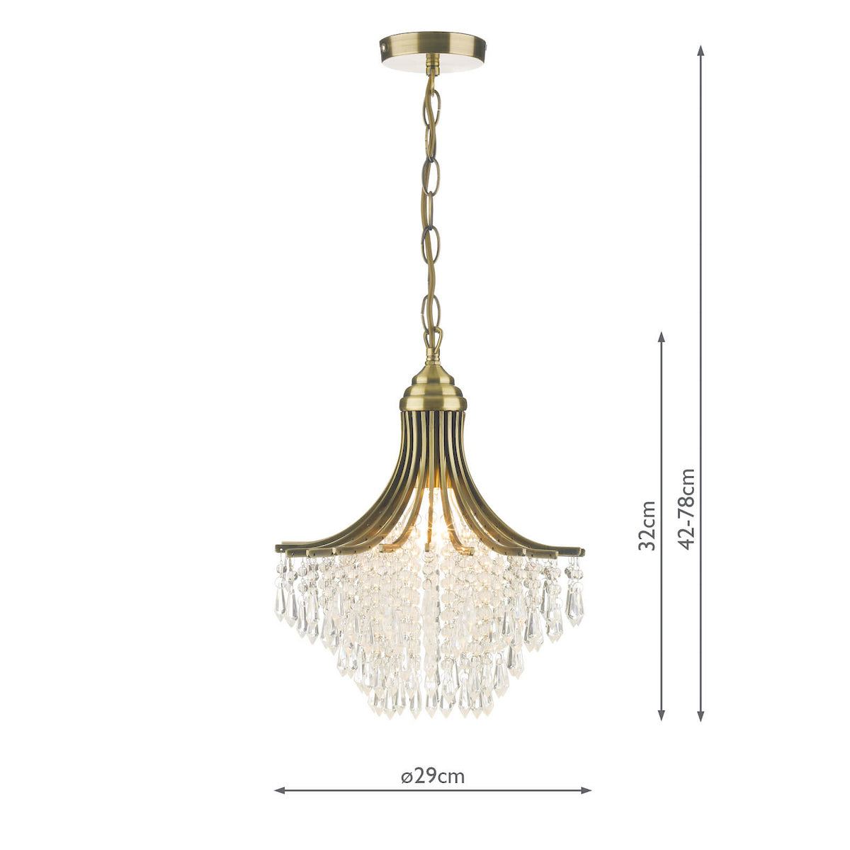 Antique brass chandelier with crystal drops and dimensions shown.