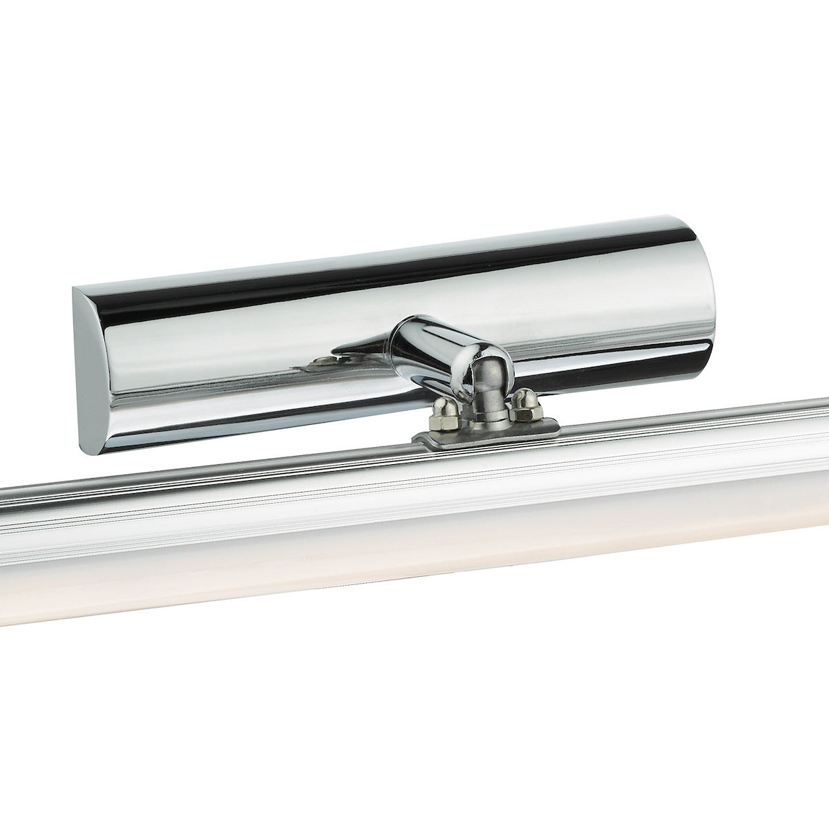 Close-up of a chrome picture light with a cylindrical shade and a glowing LED bar.