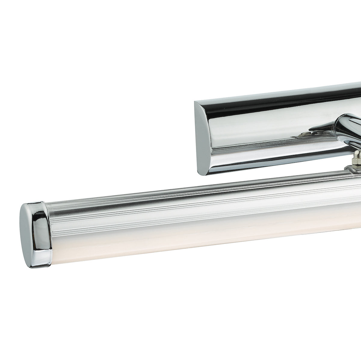 Close-up of a chrome picture light with a long, illuminated bar and a rectangular base.