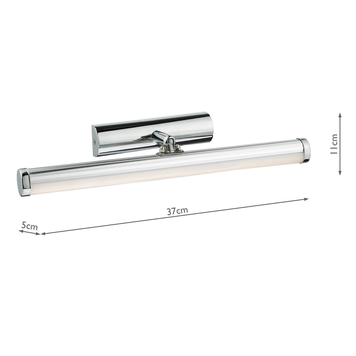 Chrome picture light with a cylindrical shade and base, showing dimensions of 37cm length, 11cm height, and 5cm depth.