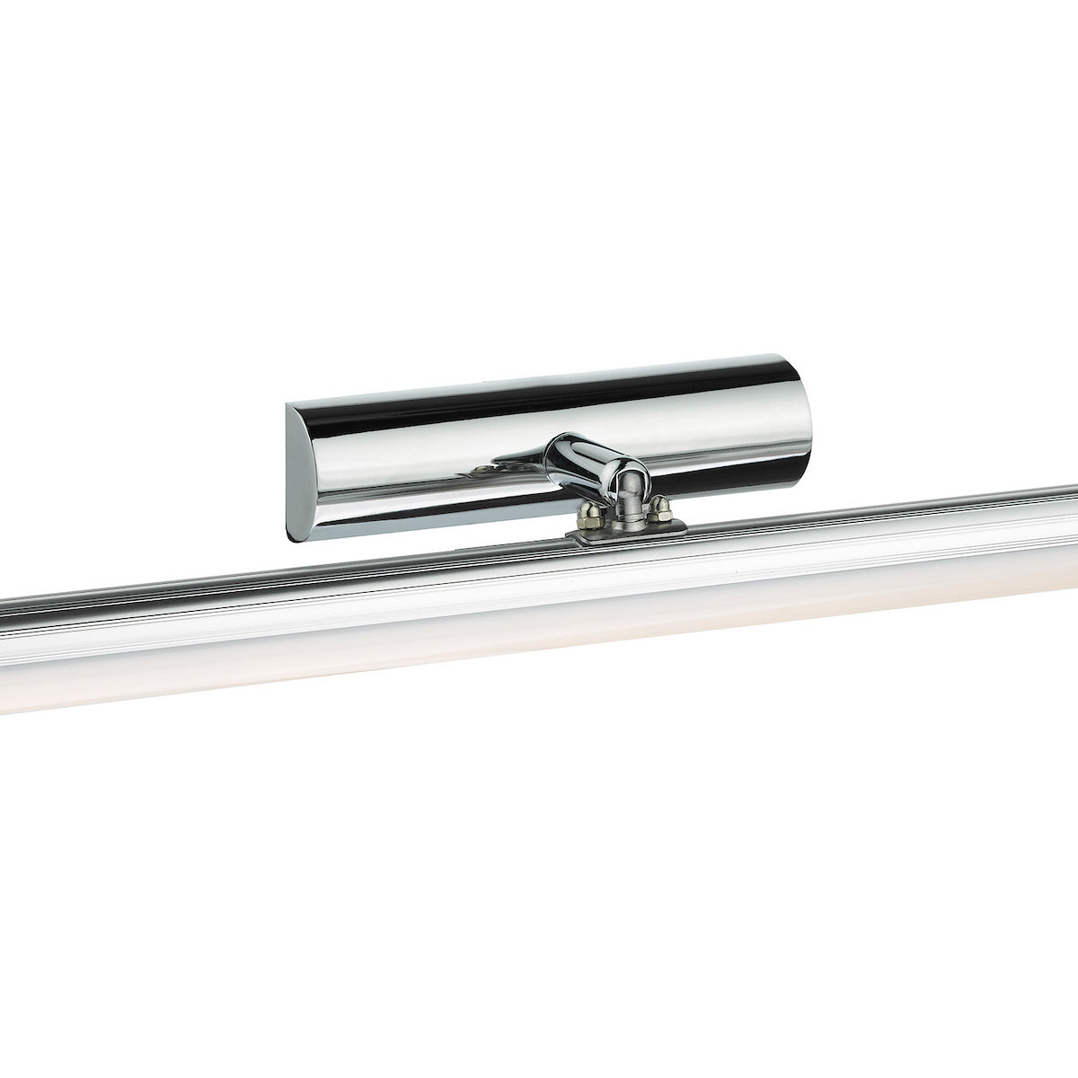 Close-up of a chrome picture light with a cylindrical shade and a long, thin light bar.