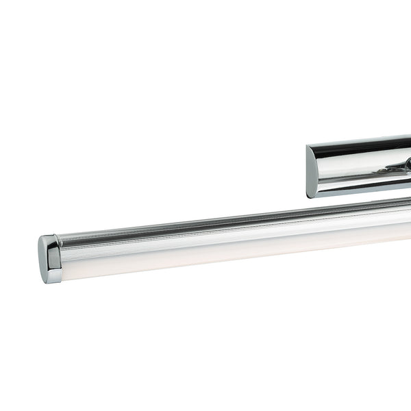Chrome picture light with a long, cylindrical, illuminated bar and a sleek, rectangular mounting bracket.