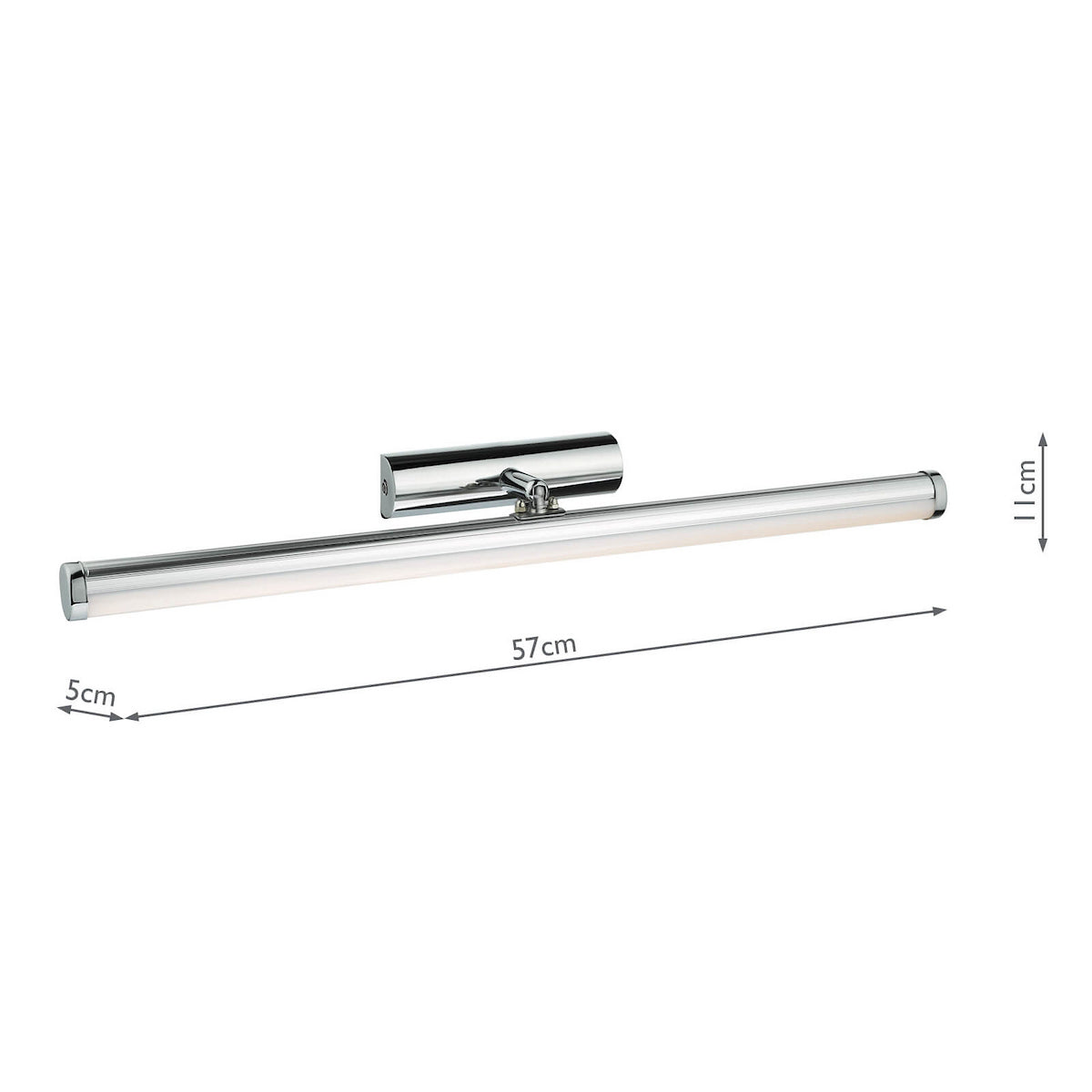 Chrome LED picture light, 57cm long, 11cm high, and 5cm deep.