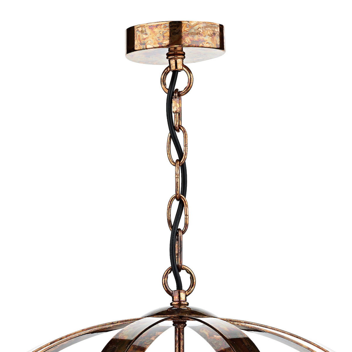 Close-up of a rustic bronze ceiling rose with a chain and black cable leading to a light fixture.