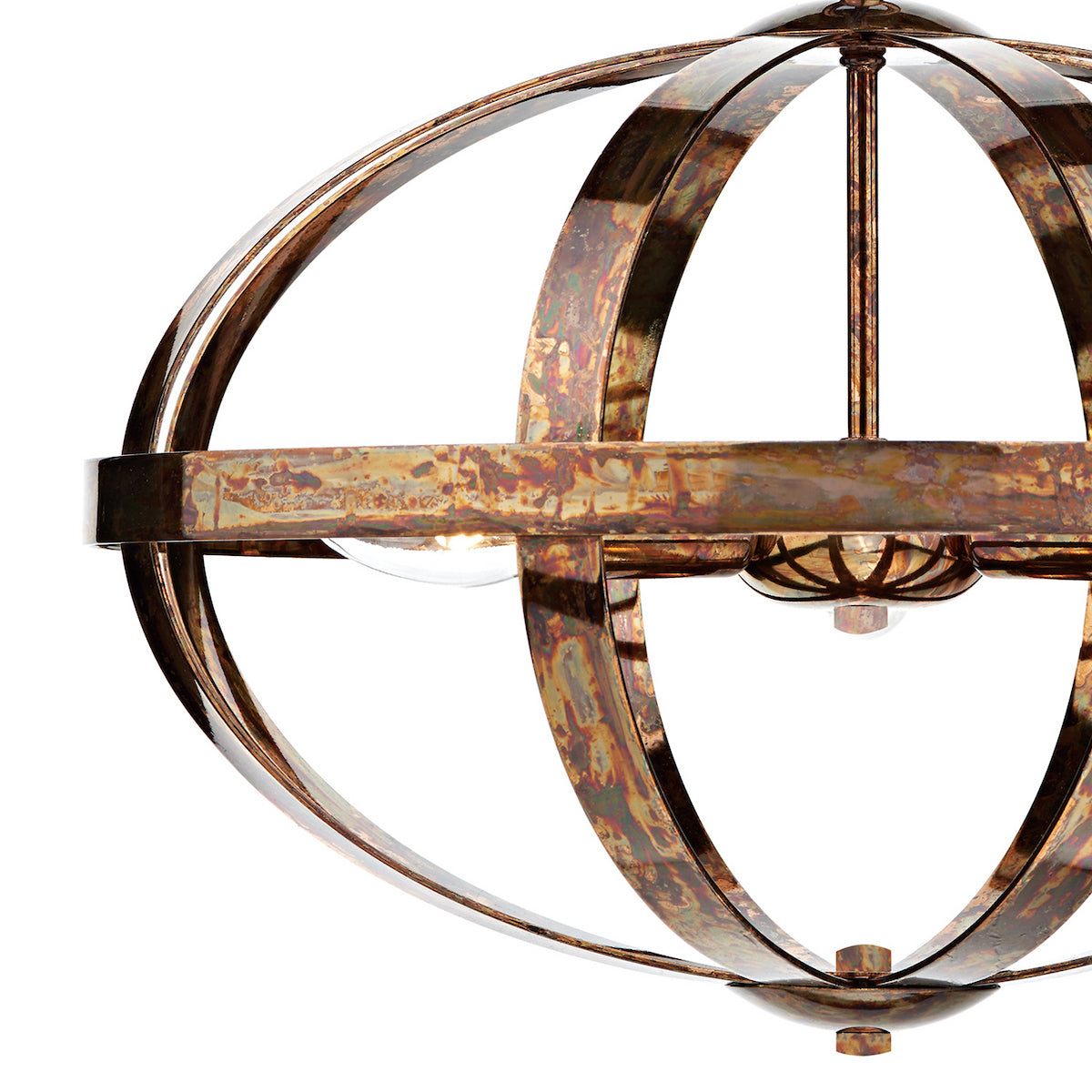 Close-up of a rustic bronze orb chandelier with visible light bulbs, against a white background.