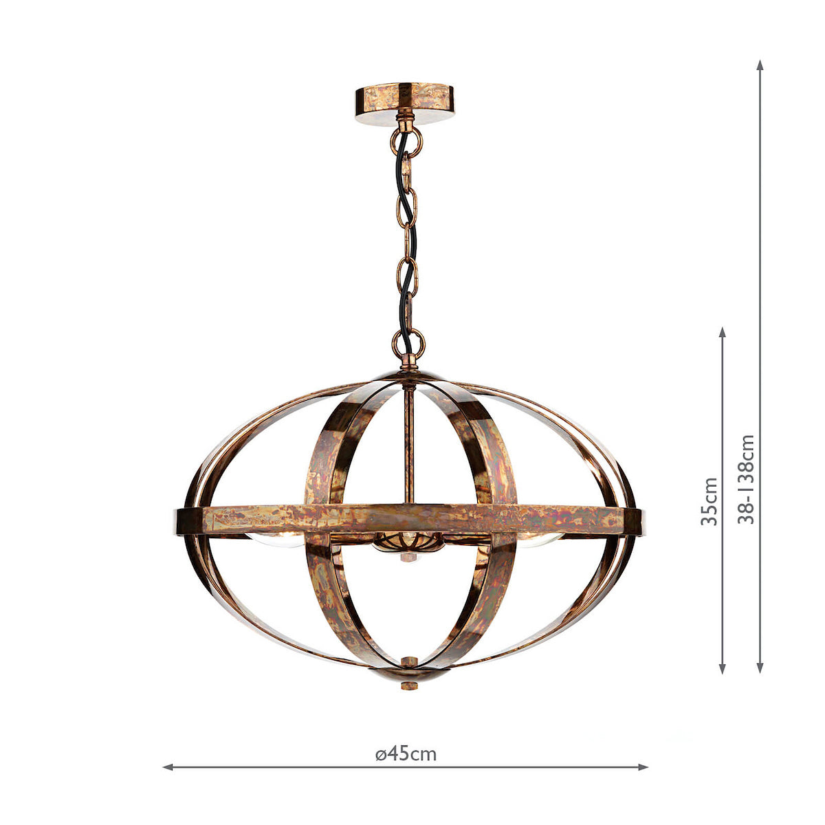 Bronze orb chandelier with exposed bulbs, 45cm diameter, 38-138cm adjustable height.