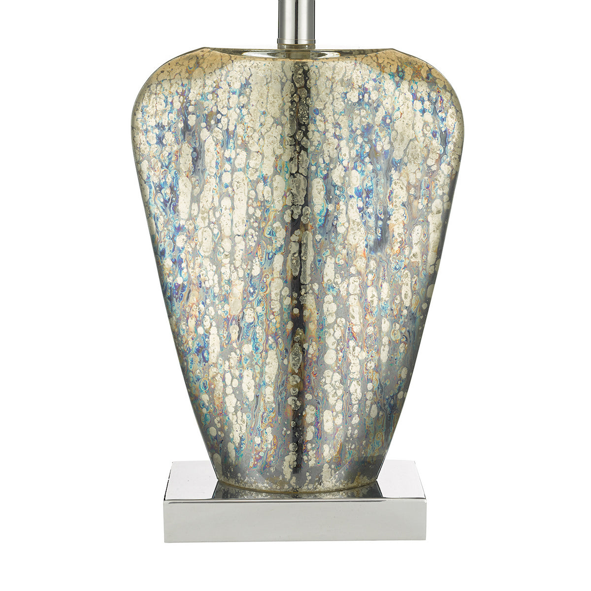 Mercury glass lamp base with a distressed, speckled finish and a polished chrome square base.
