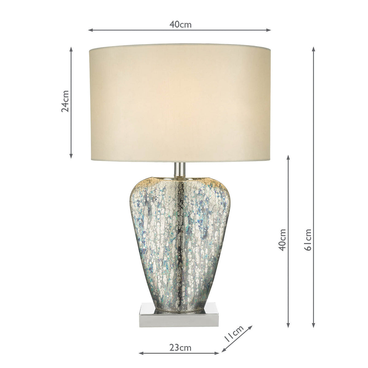 Table lamp with a mercury glass base and a cream fabric shade, showing dimensions.