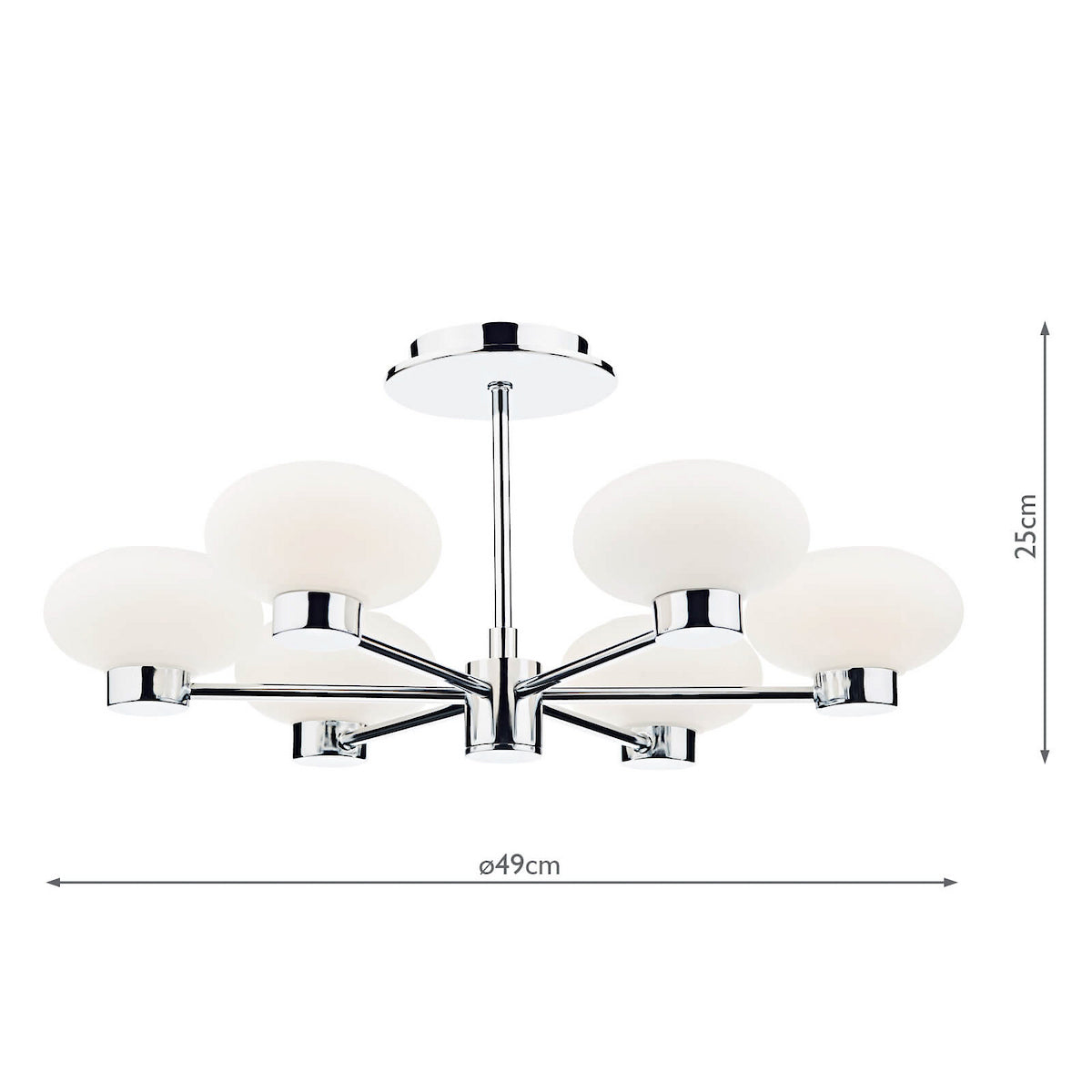 Six-light chrome ceiling fixture with white globe shades and dimensions.