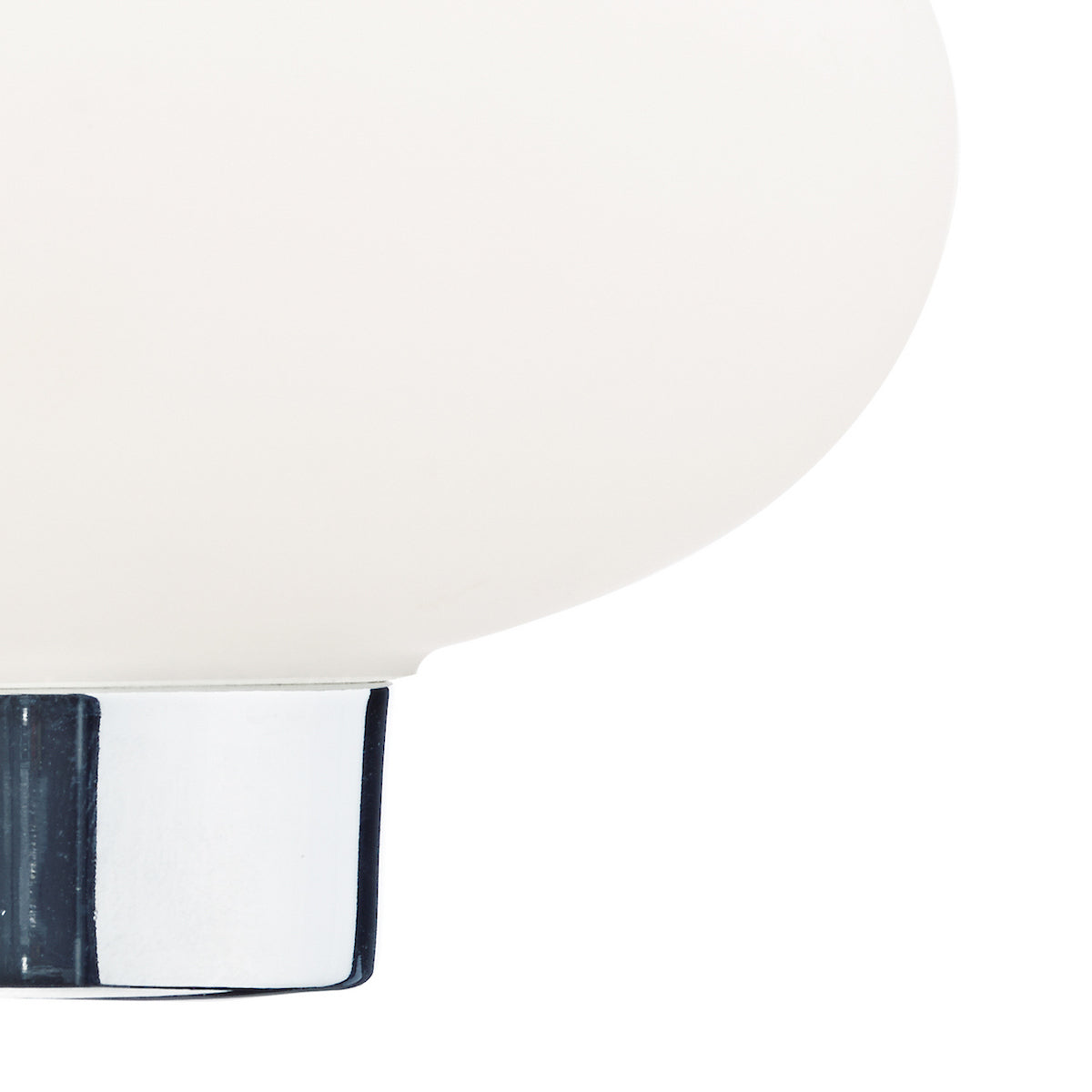 Close-up of a white, spherical light fixture with a chrome base on a white background.