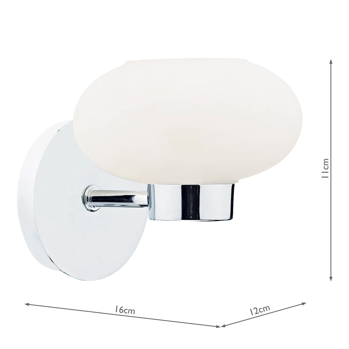 Chrome wall light with an oval, frosted glass shade and dimensions.