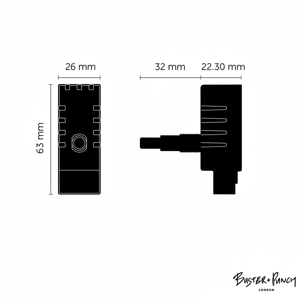 Diagram of a black rectangular door handle with dimensions 63mm by 26mm, and a side view of 32mm by 22.30mm