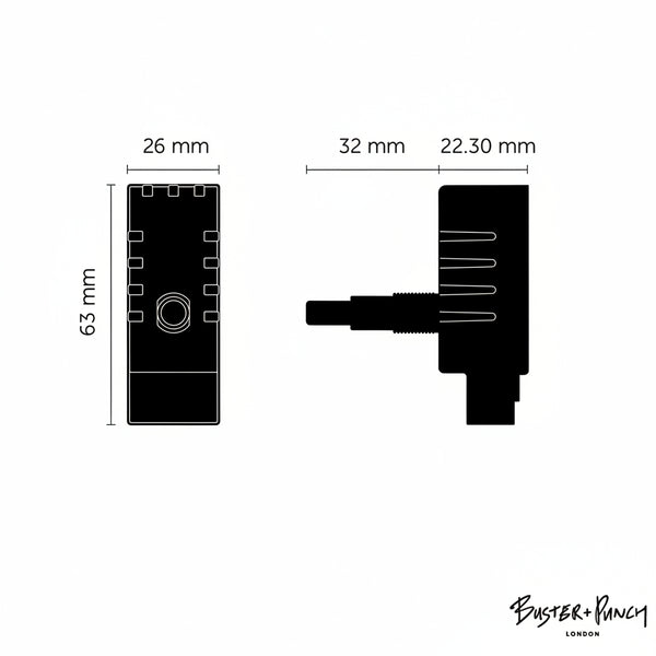 Diagram of a black rectangular door handle with dimensions 63mm by 26mm, and a side view of 32mm by 22.30mm