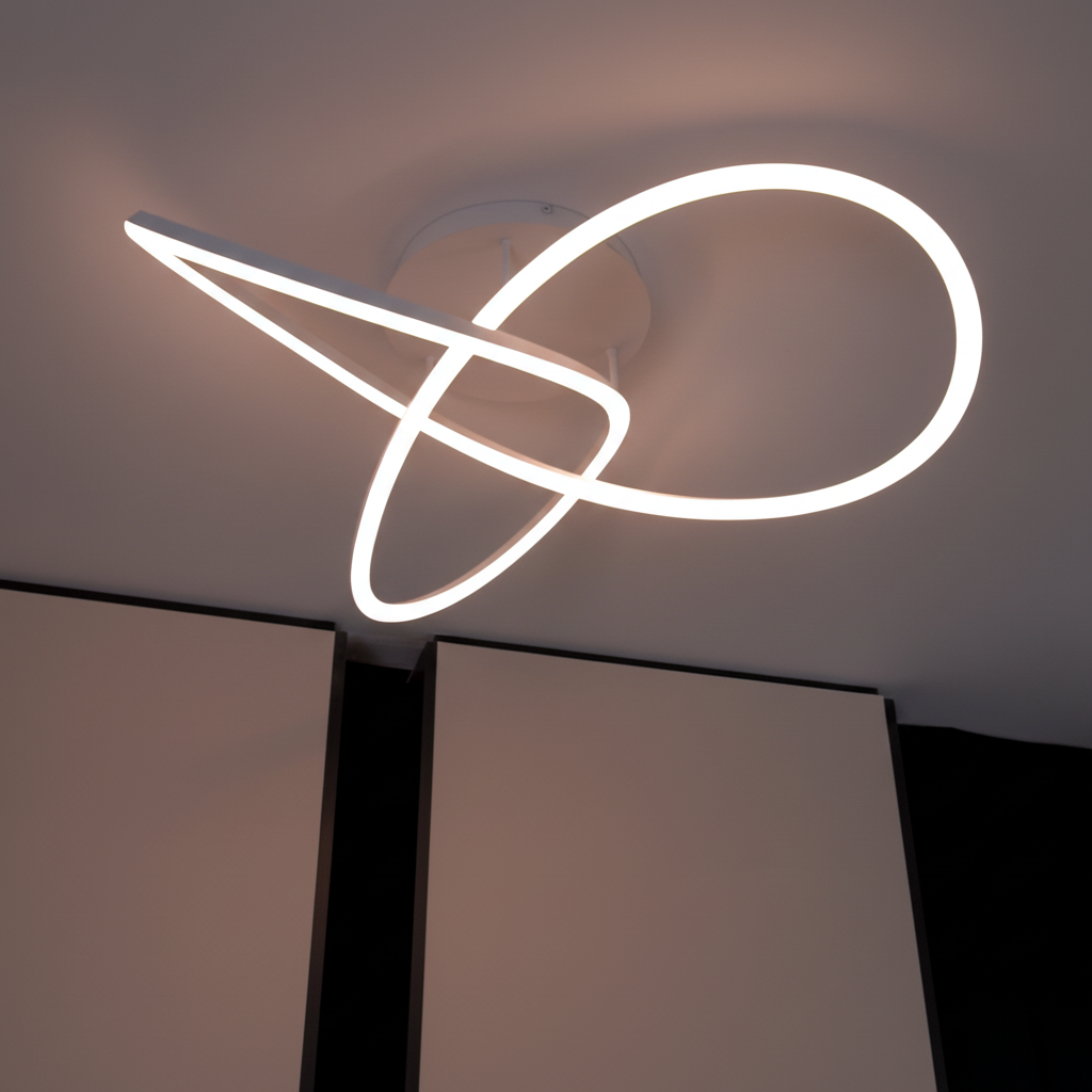 Modern white ceiling light with a glowing, intertwined loop design